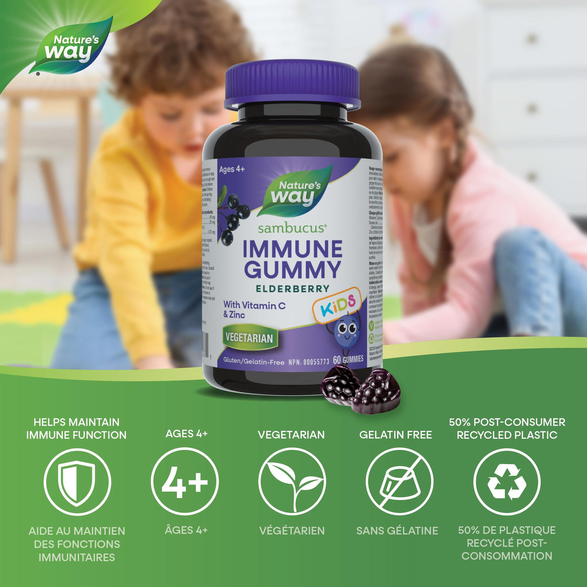 Nature's Way Sambucus Immune Cold and Flu Care Elderberry Gummies with Vitamin C and Zinc - Immune Support for Kids 4+, 60 Gummies 🍁 All In One Marketplace Canada