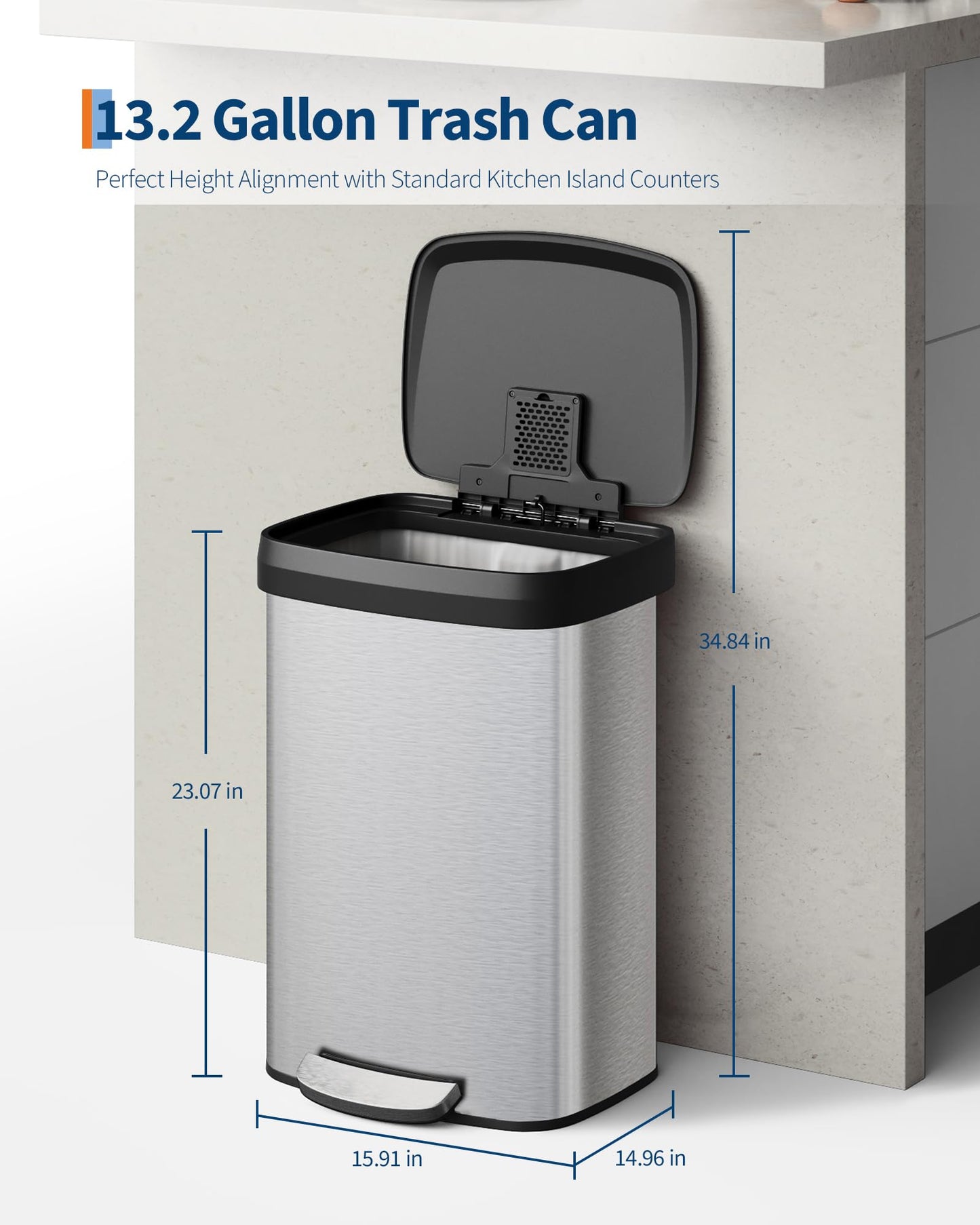 Garvee 13 gal / 50 L Stainless Steel Trash Can with Lid, Large Garbage Can for Kitchen, Rustproof Step-on Kitchen Metal Trash Bin with Liner Rim, Rear Handle, Soft Close Plastic Lid, Silver 🍁 All In One Marketplace Canada