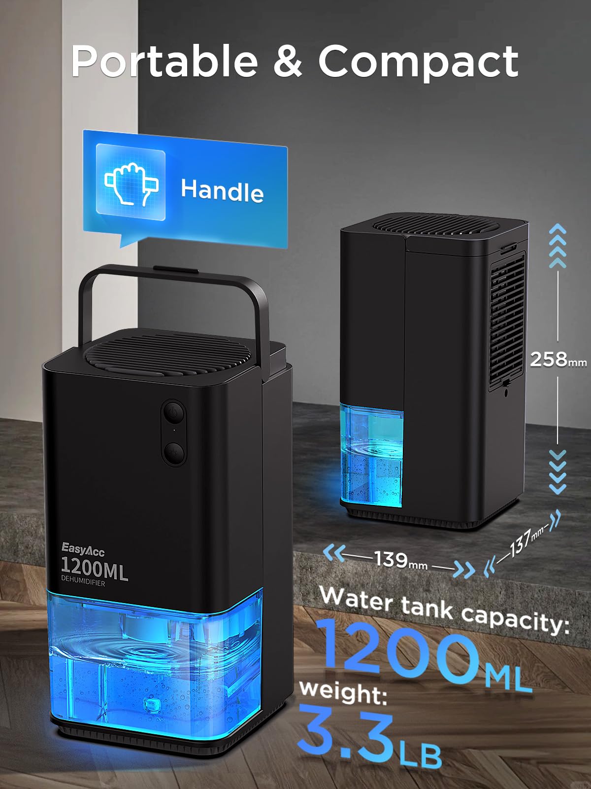 EasyAcc Dehumidifiers for Home Basements, 40oz Air Dehumidifier for Home(450sq ft) with Handle/7 LED Lights, Ultra Quiet & Auto Shut off Dehumidifiers for Bedroom Bathroom Closet RV 1200ml Black 🍁 All In One Marketplace Canada