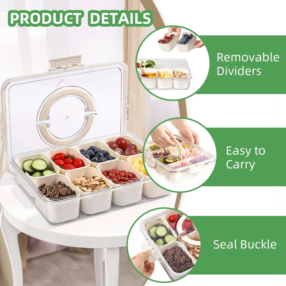 Snackle Box Container with Lid & Handle, Airtight Divided Snack Organizer, Portable Charcuterie Board for Travel, Road Trips, Picnic, Fruits, Veggies, Candy & Nuts 🍁 All In One Marketplace Canada