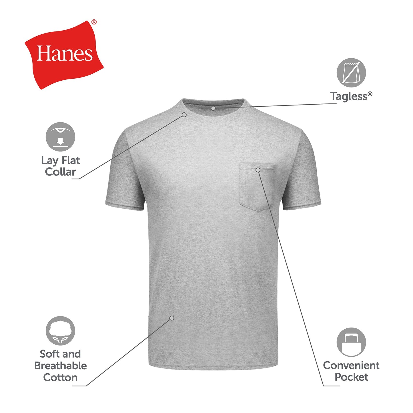 Hanes Men's Pocket Undershirt Pack, Cotton Crew Neck T-Shirt, Moisture Wicking Tee, Assorted 6-Pack, Grey Heather, Black, White, Navy, Blue Heather, Medium 🍁 All In One Marketplace Canada