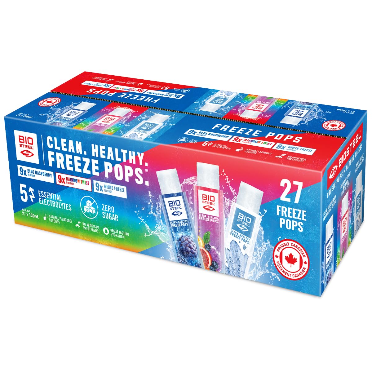 BioSteel Electrolyte Freeze Pops, 27 Count – Zero Sugar Sports Hydration, 5 Essential Electrolytes, No Artificial Colours or Sweeteners, Caffeine-Free | Blue Raspberry, Rainbow Twist & White Freeze 🍁 All In One Marketplace Canada
