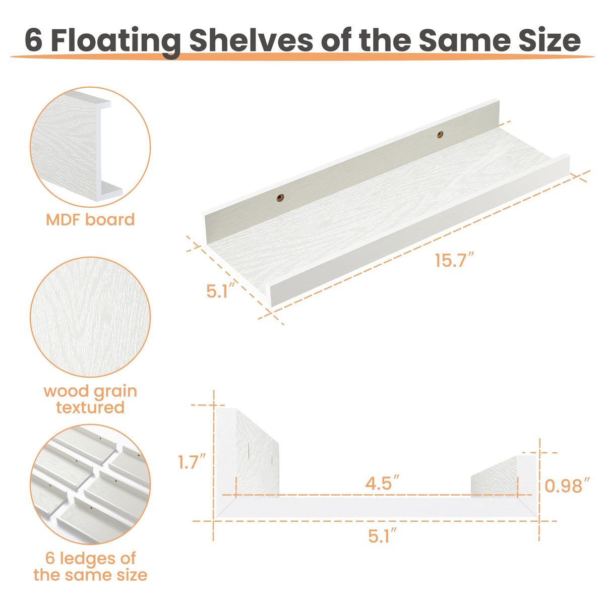 upsimples Floating Shelves for Wall, Decor Storage Set of 6, Wall Mounted Wood Shelves for Bedroom, Living Room, Bathroom, Kitchen, Picture Ledge Shelves, White 🍁 All In One Marketplace Canada
