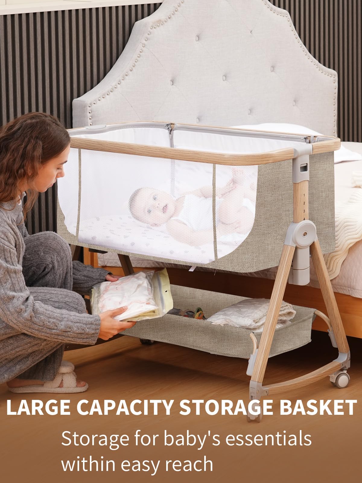 Baby Bassinet, Basinet Bedside Sleeper with Waterproof Bassinet Sheets and Soft Mattress, Safe Adjustable Height Bedside Bassinets with Wheels, Girl/Boy Bassinets, Jestonten (Khaki) 🍁 All In One Marketplace Canada