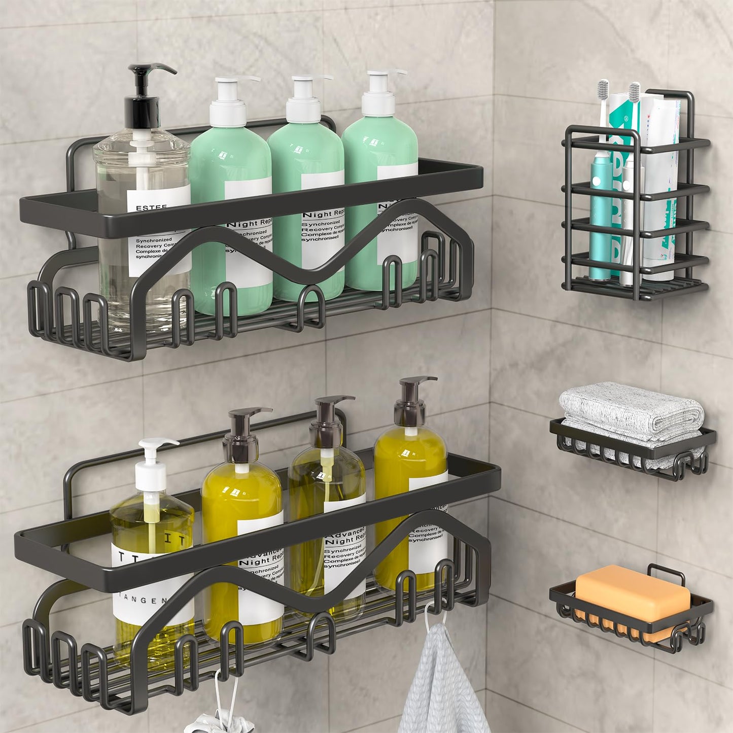 Coraje Adhesive Shower Caddy, 5-Pack Shower Shelves, Large Capacity Load Bearing 40 LBS Shower Organizer, No Drilling Shower Shelf, Rustproof Stainless Steel Bathroom Shower Storage, Black 🍁 All In One Marketplace Canada
