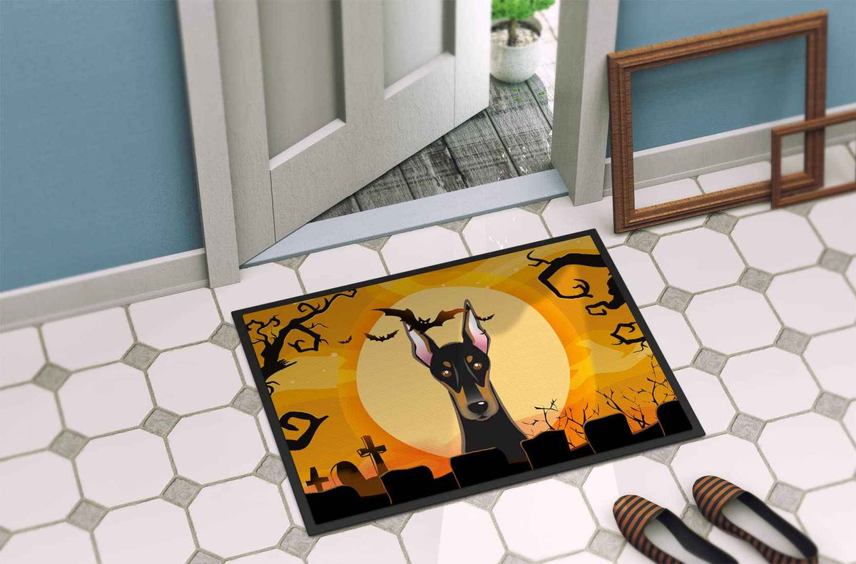 Caroline's Treasures BB1803MAT Halloween Doberman Doormat 18x27 Front Door Mat Indoor Outdoor Rugs for Entryway, Non Slip Washable Low Pile, 18H X 27W