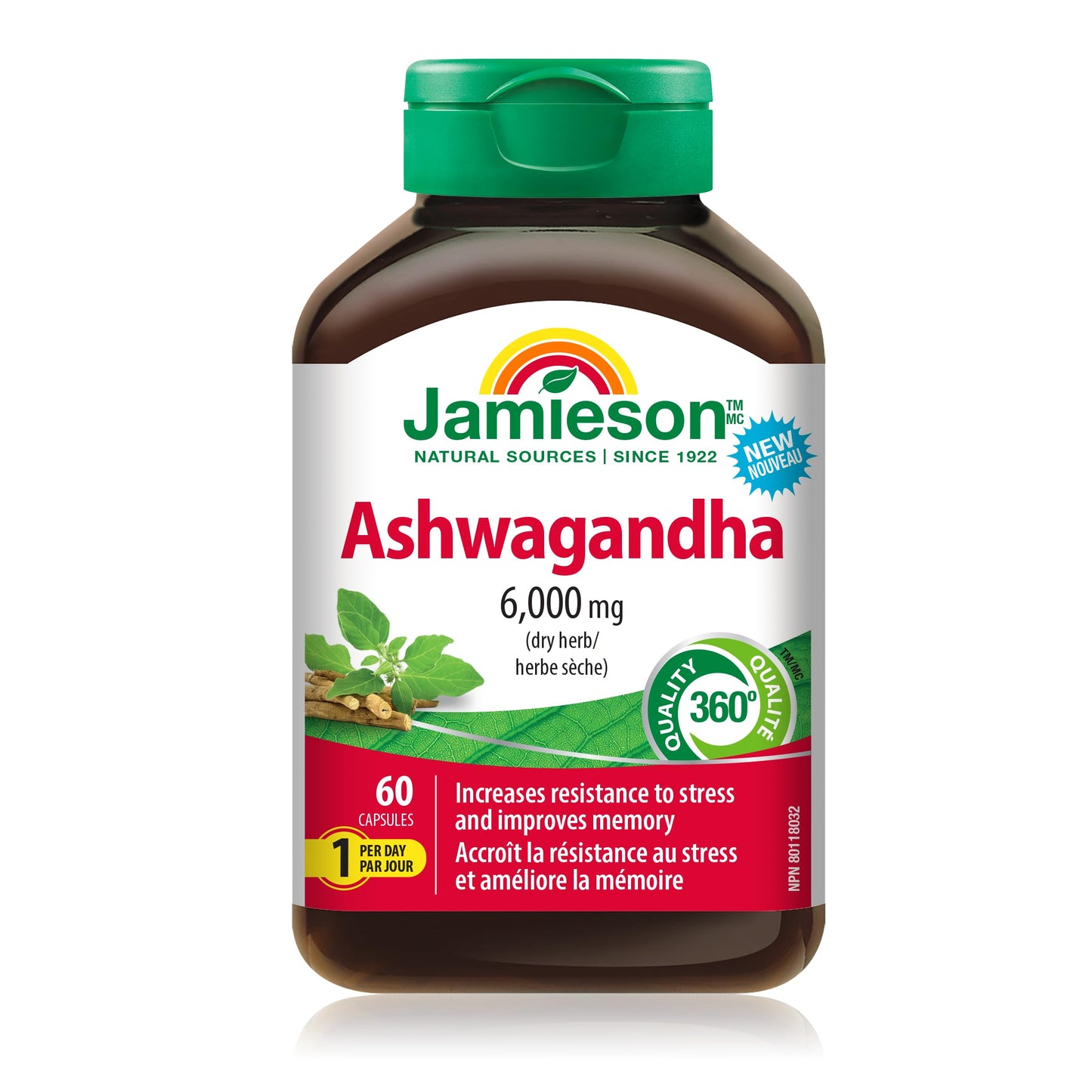 Jamieson High-Potency Ashwagandha 6,000 mg, Increases Resistance to Stress, Adaptogen, and Enhances Memory. Non-GMO, Vegetarian, Gluten-Free, Only One Per Day, 60 Capsules 🍁 All In One Marketplace Canada