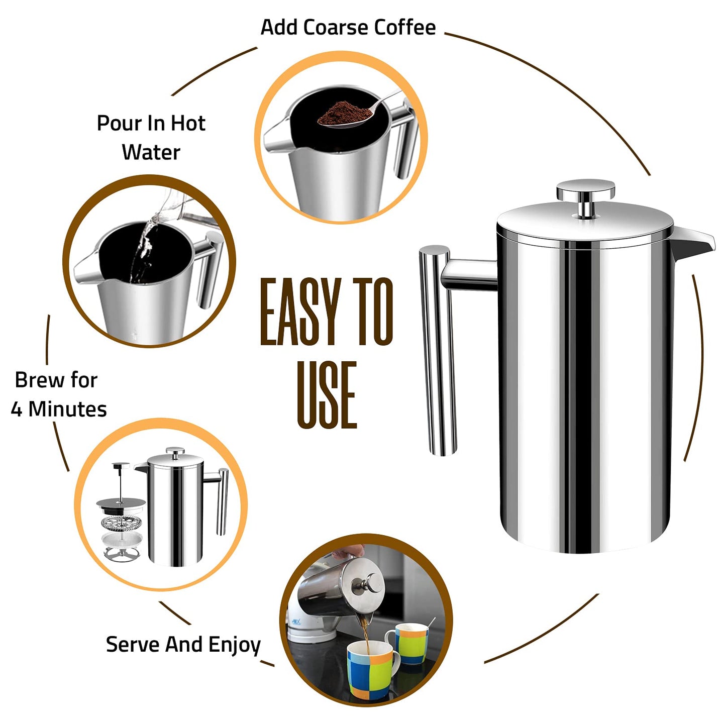 KICHLY 34 OZ French Press, Stainless Steel Double Walled Insulated Coffee Press with Refined Filters, Espresso and Tea Maker - Silver 🍁 All In One Marketplace Canada