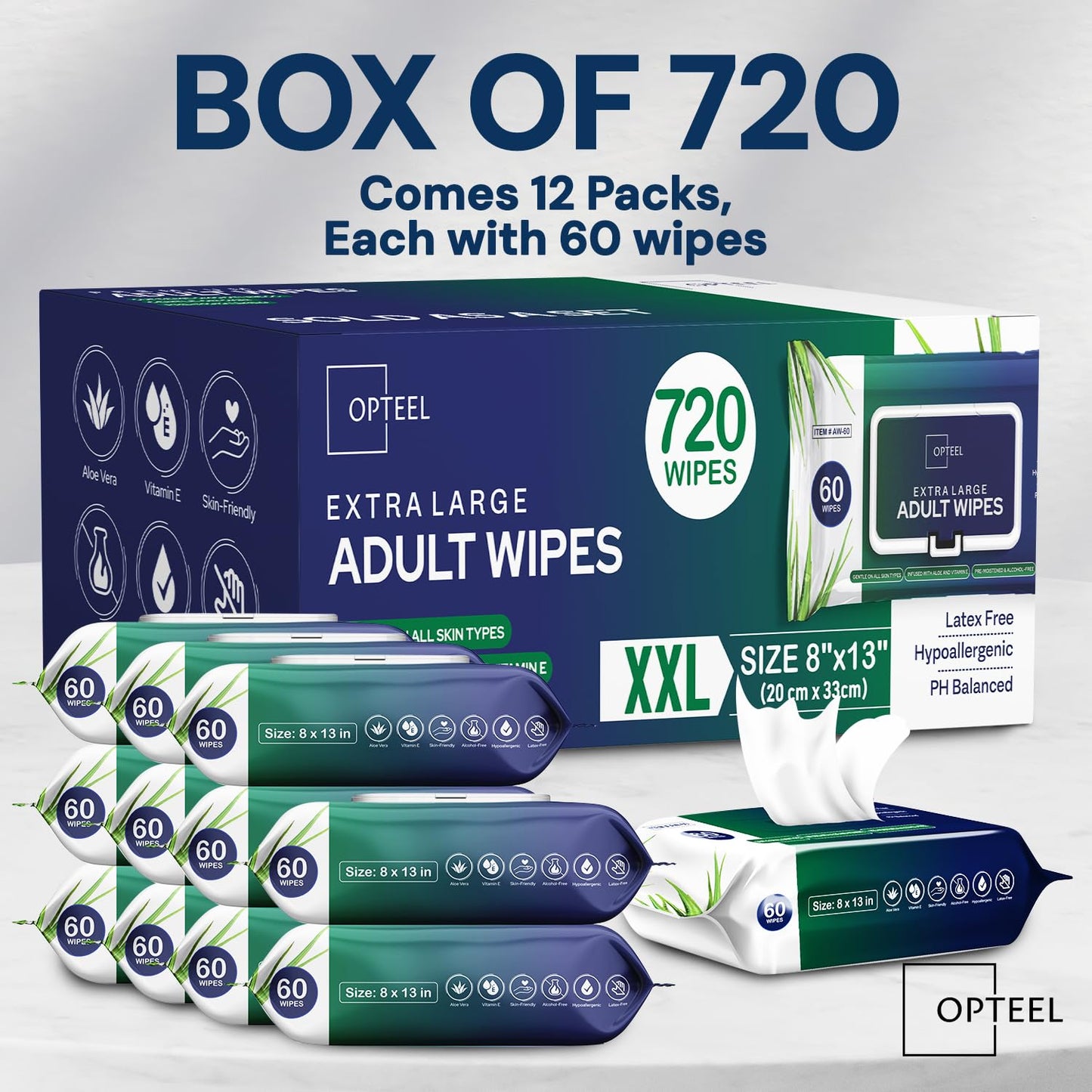 Adult Wipes For Elderly - 8"x13" 720ct (12 Packs of 60) Huge & Soft Non-Flushable Body Wipes for Adults Bathing No-Rinse - Incontinence Disposable Washcloths, Vitamin E & Aloe Infused 🍁 All In One Marketplace Canada