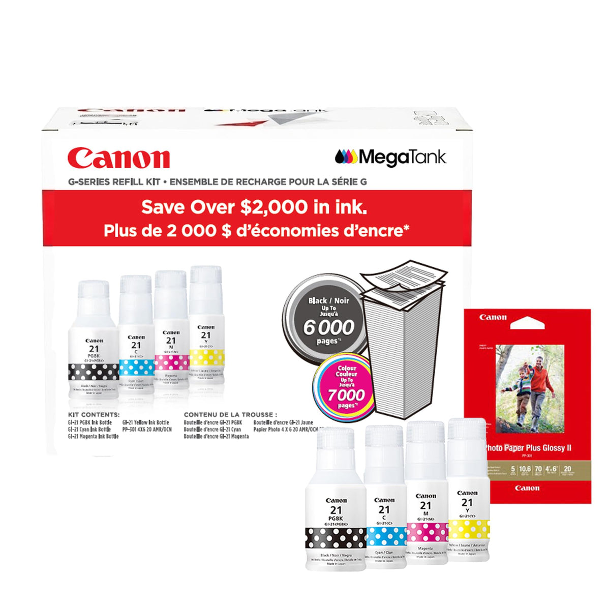 Canon Genuine Ink Cartridges GI-21 Series (Black, Cyan, Magenta & Yellow), Value Pack (4-Count) with PP-301 4" x 6" Photo Paper Plus Glossy II, Printer Ink for PIXMA G4280 / G3290 / G4270 Printers 🍁 All In One Marketplace Canada