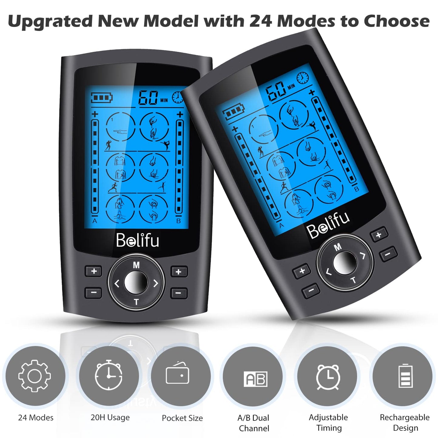 Belifu Dual Channel TENS EMS Unit with 12 Pads, 24 Modes Muscle Stimulator, Electronic Pulse Massager Muscle Massager for Pain Relief Therapy, Fastening Cable Ties, Dust-Proof Drawstring Storage Bag 🍁 All In One Marketplace Canada