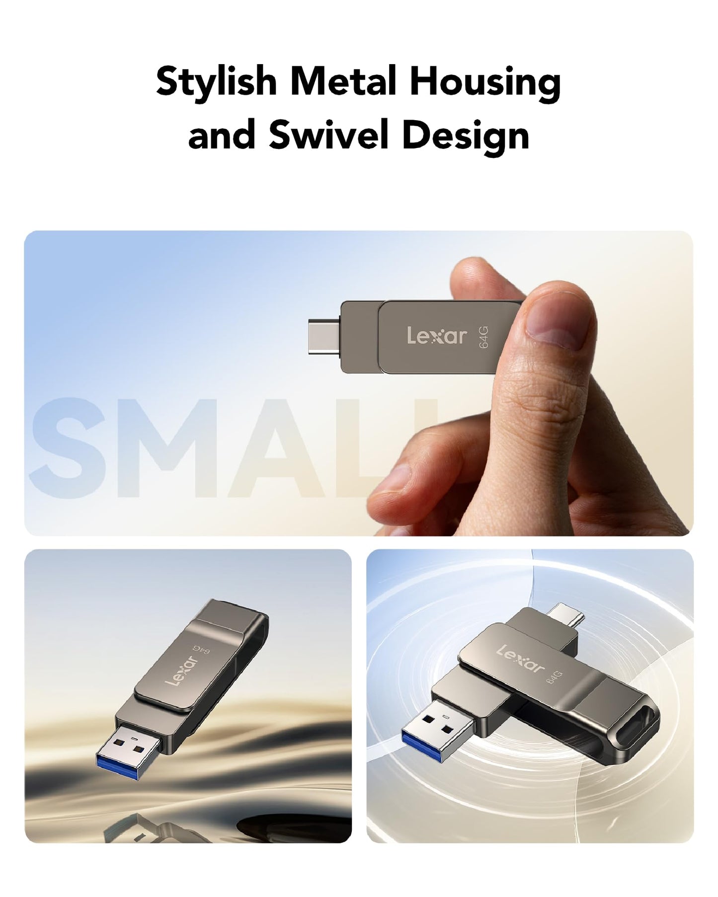 Lexar D40E 64GB Dual USB 3.2 Gen 1 Type-C Jump Drive, USB-C Flash Metal Housing Swivel Design Thumb Drive (Titanium Grey) 🍁 All In One Marketplace Canada