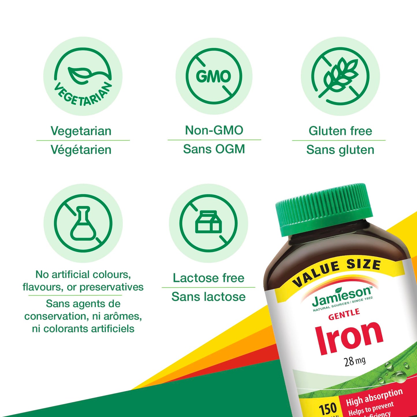 Jamieson Iron 28 mg, with Folic Acid, Vitamin B2, Vitamin B12, and Vitamin C, Helps Prevents Iron Deficiency, Provides Superior Absorption, and Gentle on the Stomach. Non-GMO, Gluten-Free, 150 Vegetarian Capsules 🍁 All In One Marketplace Canada