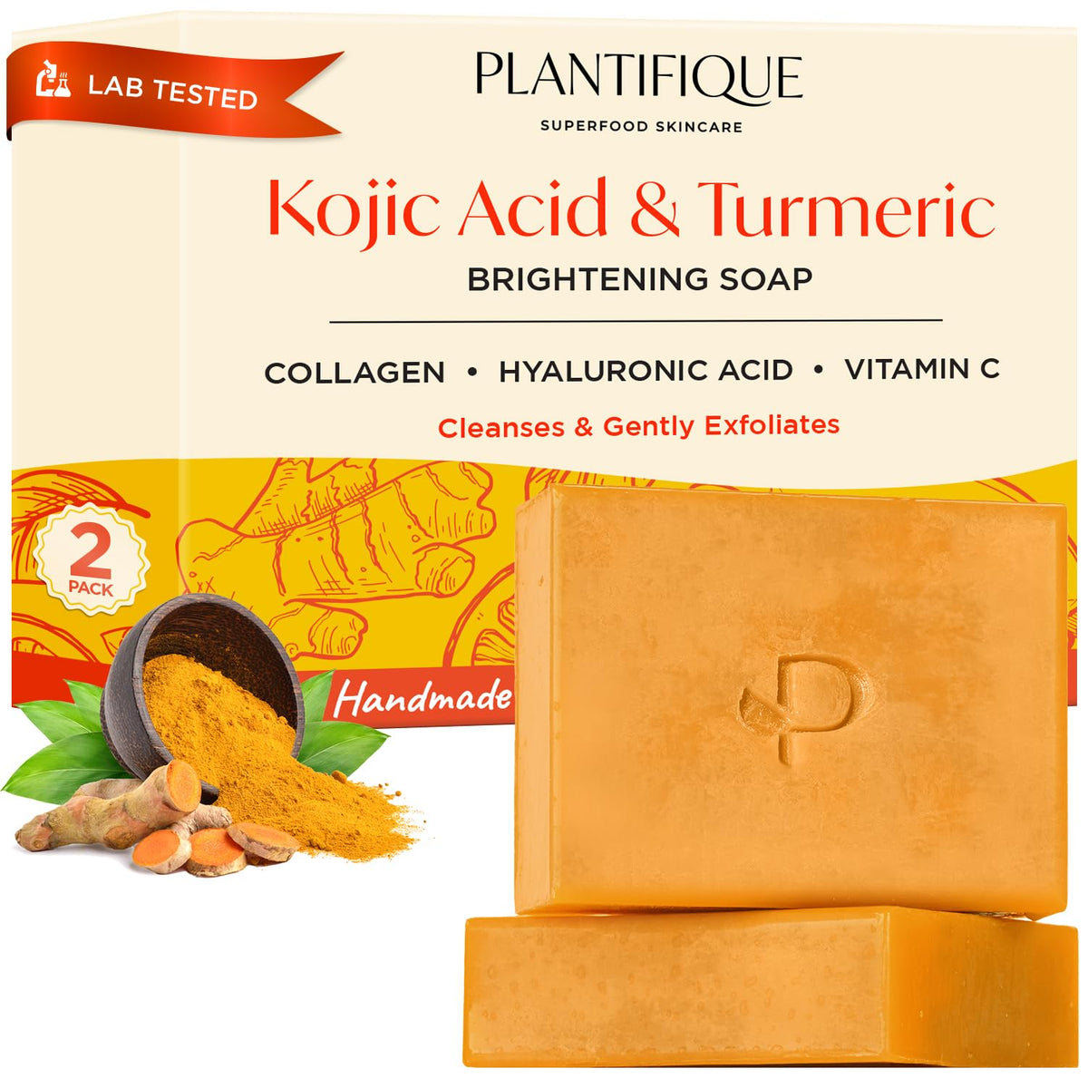 PLANTIFIQUE Kojic Acid Soap for Hyperpigmentation, Lab Tested - Turmeric Soap 2 Bars with Hyaluronic Acid, Collagen, Vitamin C for Dark Spots - Face Wash, 160g / 5.64 oz 🍁 All In One Marketplace Canada