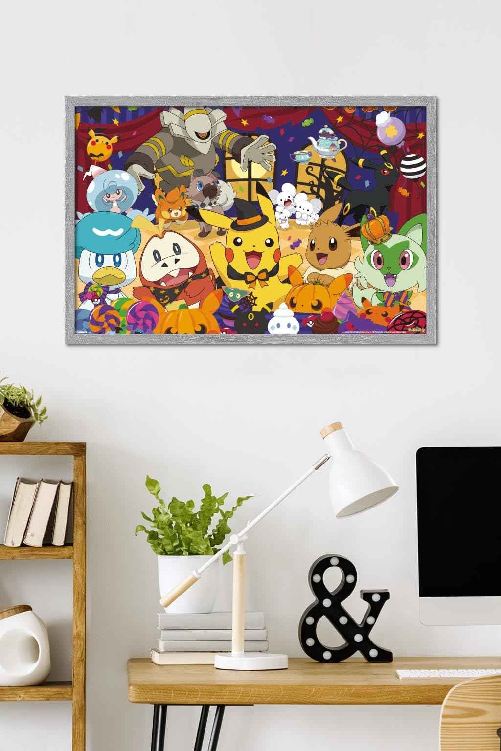 Pokémon: Halloween Party- Group Wall Poster, 34L" x 22.4W", Gray Framed Version