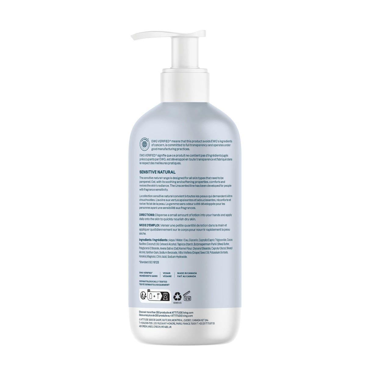 ATTITUDE Body Lotion for Sensitive Skin with Oat, Made in Canada, EWG Verified, Dermatologically Tested, Vegan, Extra Gentle, Unscented, 473 mL 🍁 All In One Marketplace Canada
