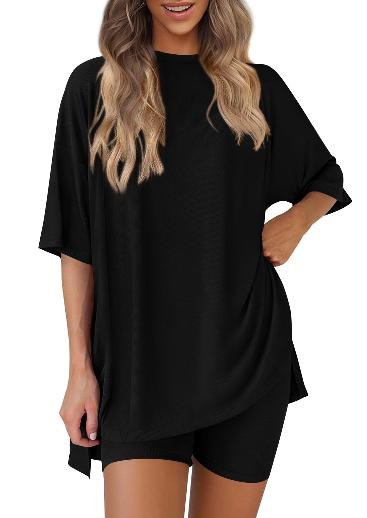 PRETTYGARDEN Women's Two Piece Lounge Set 2026 Summer Casual Oversized Shirts Biker Shorts Matching Airport Travel Outfit (Black,Large) 🍁 All In One Marketplace Canada