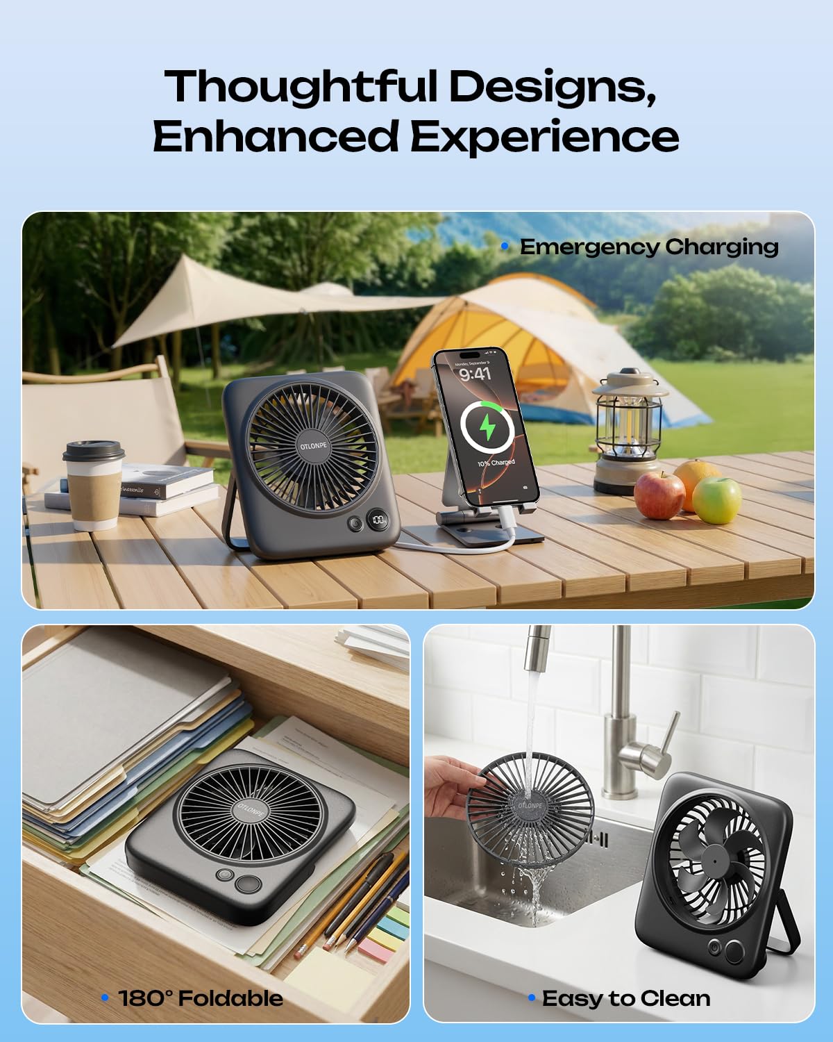 Otlonpe Personal Rechargeable Desk Fan Portable, 4000mAh 5-22 Hrs, Small Quiet Battery Powered Portable Fans for Bedroom Travel Office Home Table, Led Display, Cordless, 4-Speed, 6.5 Inch (Black) 🍁 All In One Marketplace Canada