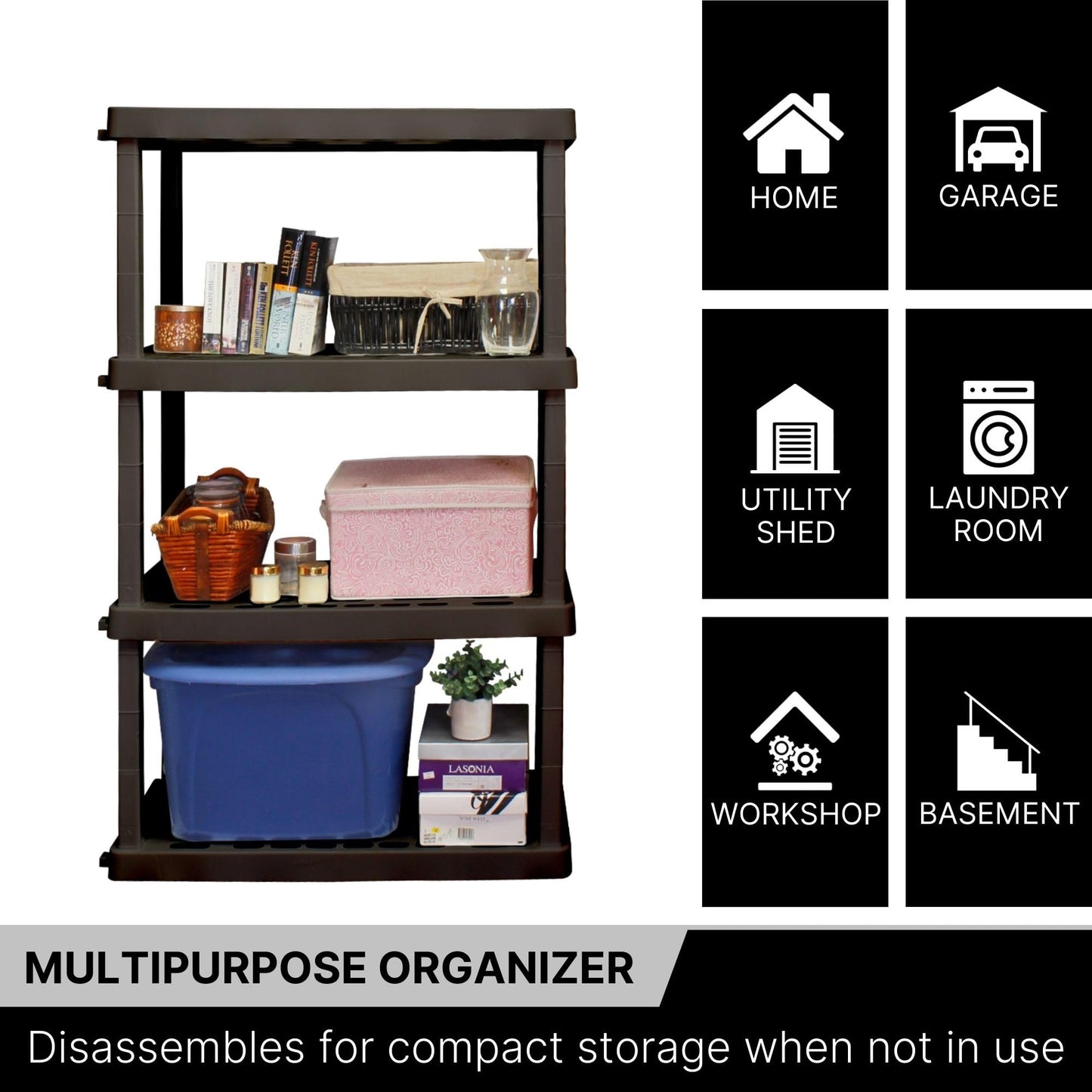 Koolatron Oscar Heavy Duty Plastic Storage Shelves- for Garage, Kitchen, Bathroom Basement, Kids Room, Toys,Stackable 4-Tier Black, Organizer Rack for Books Shoes, Pantry, Cleaning, Made in Canada 🍁 All In One Marketplace Canada