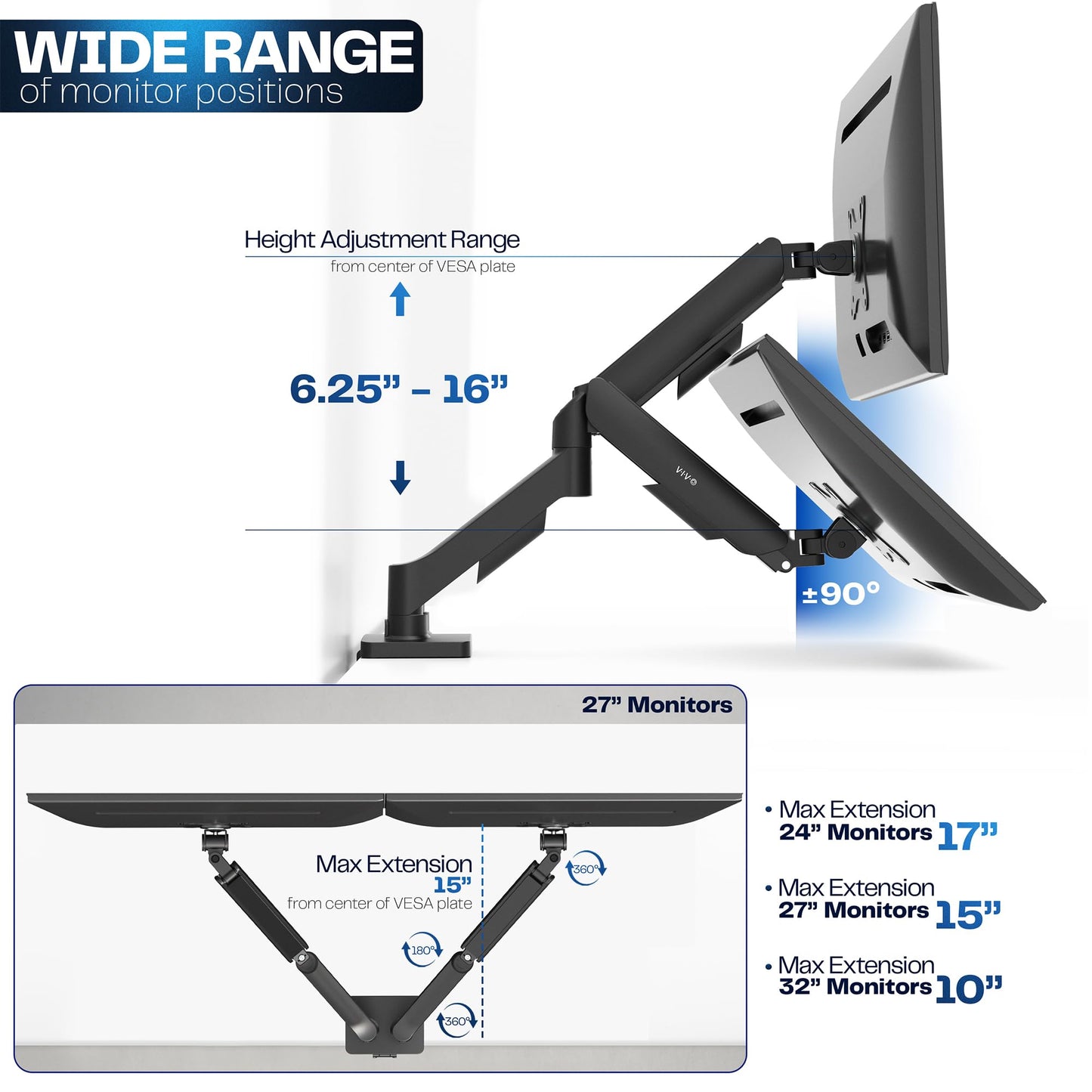 VIVO Dual Monitor up to 32 inches and 19.8 lbs per Screen, Pneumatic Arm Desk Mount, Articulating Counterbalance, VESA Stand, Classic, STAND-V002O 🍁 All In One Marketplace Canada