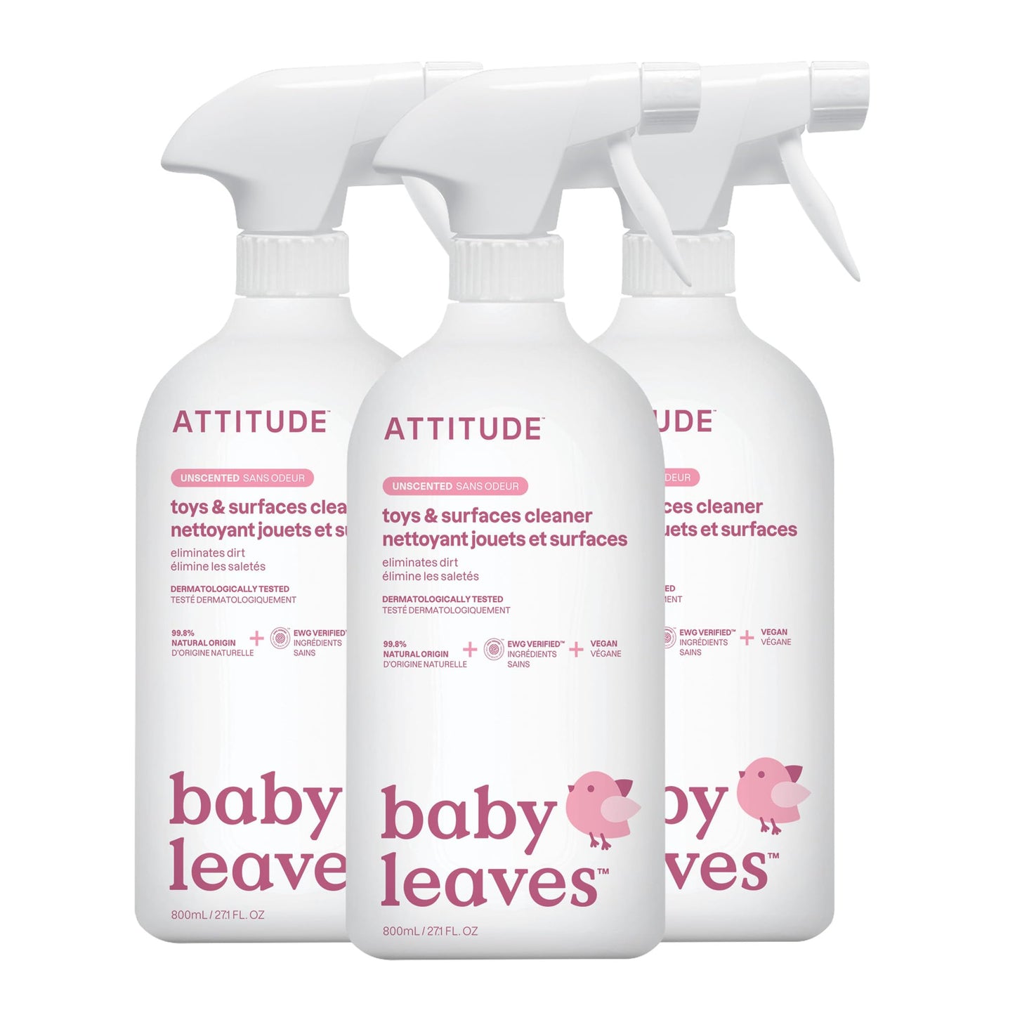 ATTITUDE Baby & Kids Toy Cleaner Spray, EWG Verified, Multi-Surface Cleaner for Toys, High Chairs & Play Areas, Naturally Derived, Vegan, Unscented, 800 mL (Pack of 3) 🍁 All In One Marketplace Canada