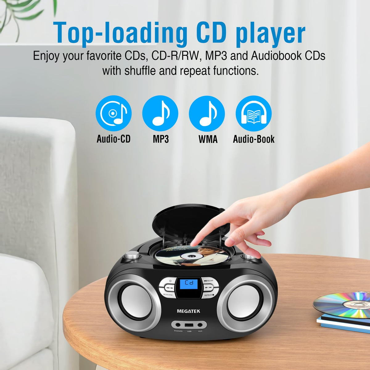 MEGATEK Portable CD Player Boombox with FM Radio, Bluetooth, USB Port, AUX Input, and Headphone Jack – CD-R/CD-RW/MP3-CD Compatible, Clear Stereo Sound, Backlit LCD Display – Black 🍁 All In One Marketplace Canada