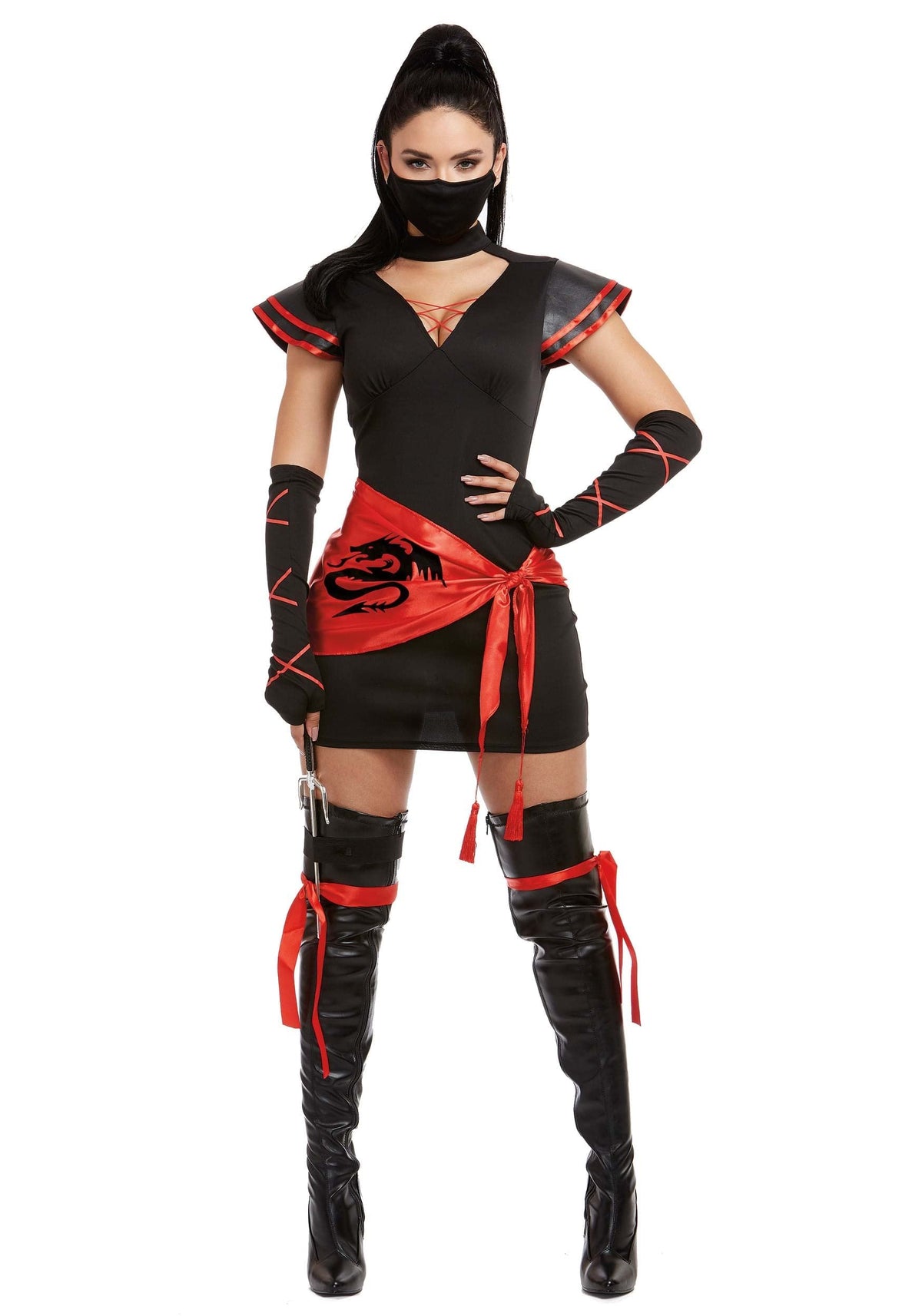 Dreamgirl Adult Womens Sexy Ninja Costume, Halloween Costume, Black/Red, X-Large