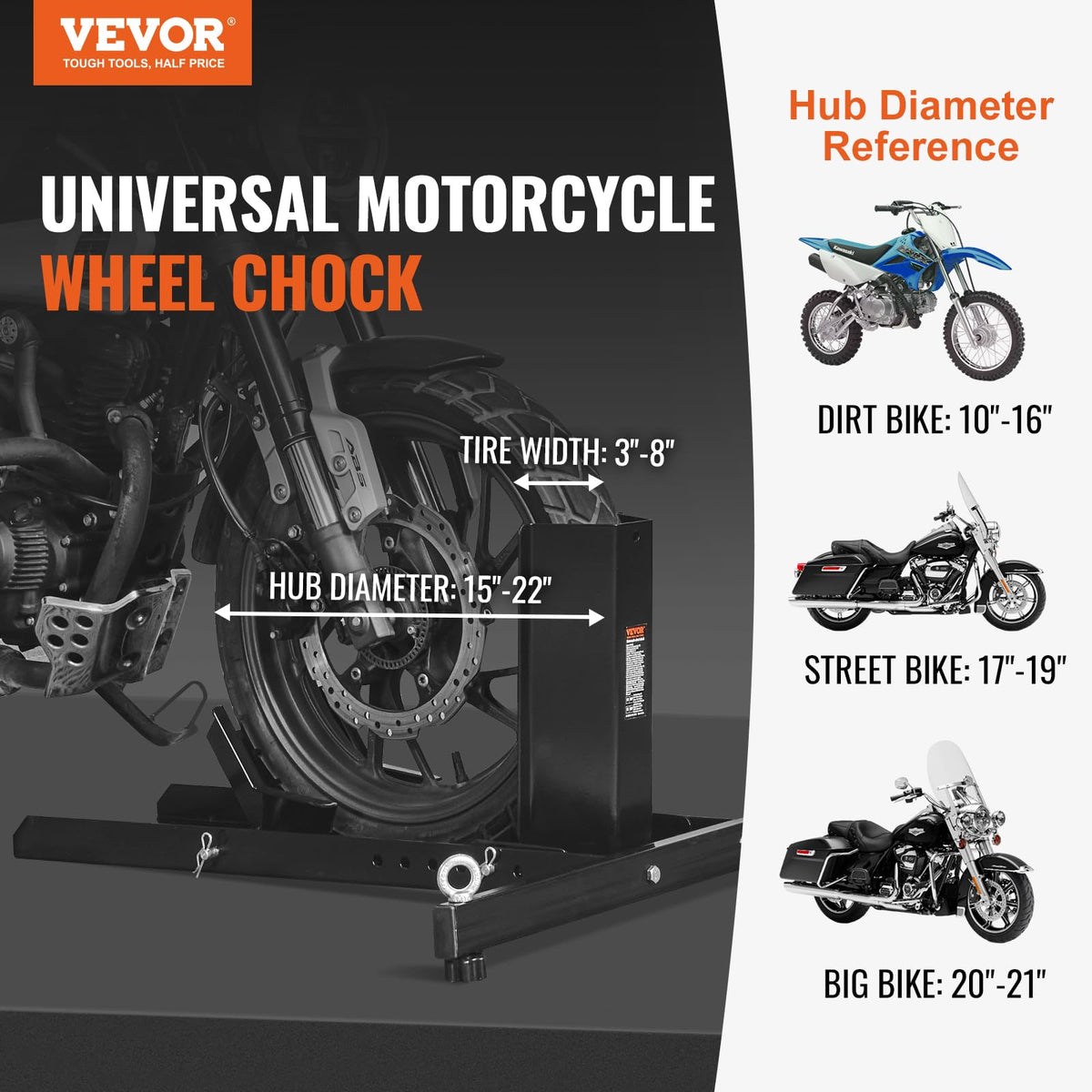 VEVOR Motorcycle Wheel Chock Upright, 1800 lbs Capacity, Heavy-duty Steel Motorcycle Front Wheel Stand with 6 Adjustable Holes, For 15"-22" Off-Road Motorcycles, Standard Motorcycles 🍁 All In One Marketplace Canada