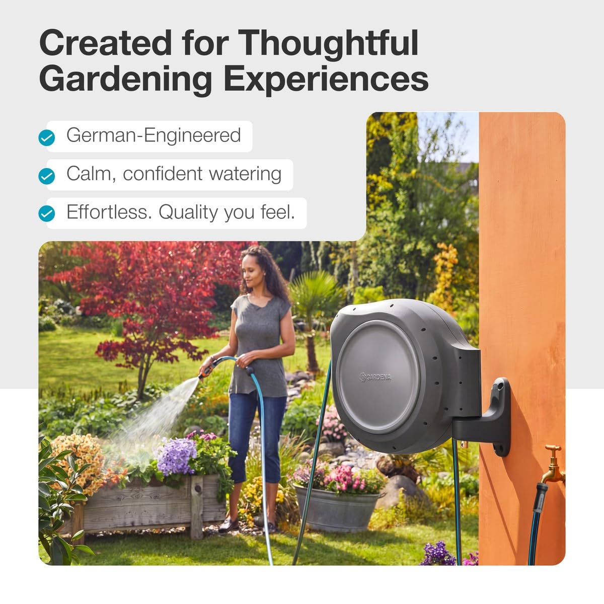 GARDENA 20502-80, Retractable Garden Hose Reel 75' x 1/2" Hose, Wall Mounted, Automatic Retraction & Length Lock for Easy Watering. Heavy Duty Swivel Bracket 180°, Includes Nozzle. Made in Europe 🍁 All In One Marketplace Canada