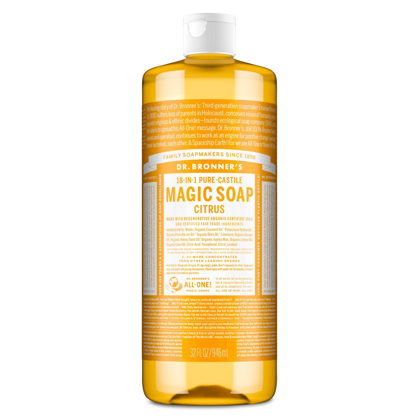 Dr. Bronner’s - Pure-Castile Liquid Soap (Citrus, 946 mL) - Made with Organic Oils, 18-in-1 Uses: Face, Body, Hair, Laundry, Pets and Dishes, Concentrated, Vegan, Non-GMO 🍁 All In One Marketplace Canada