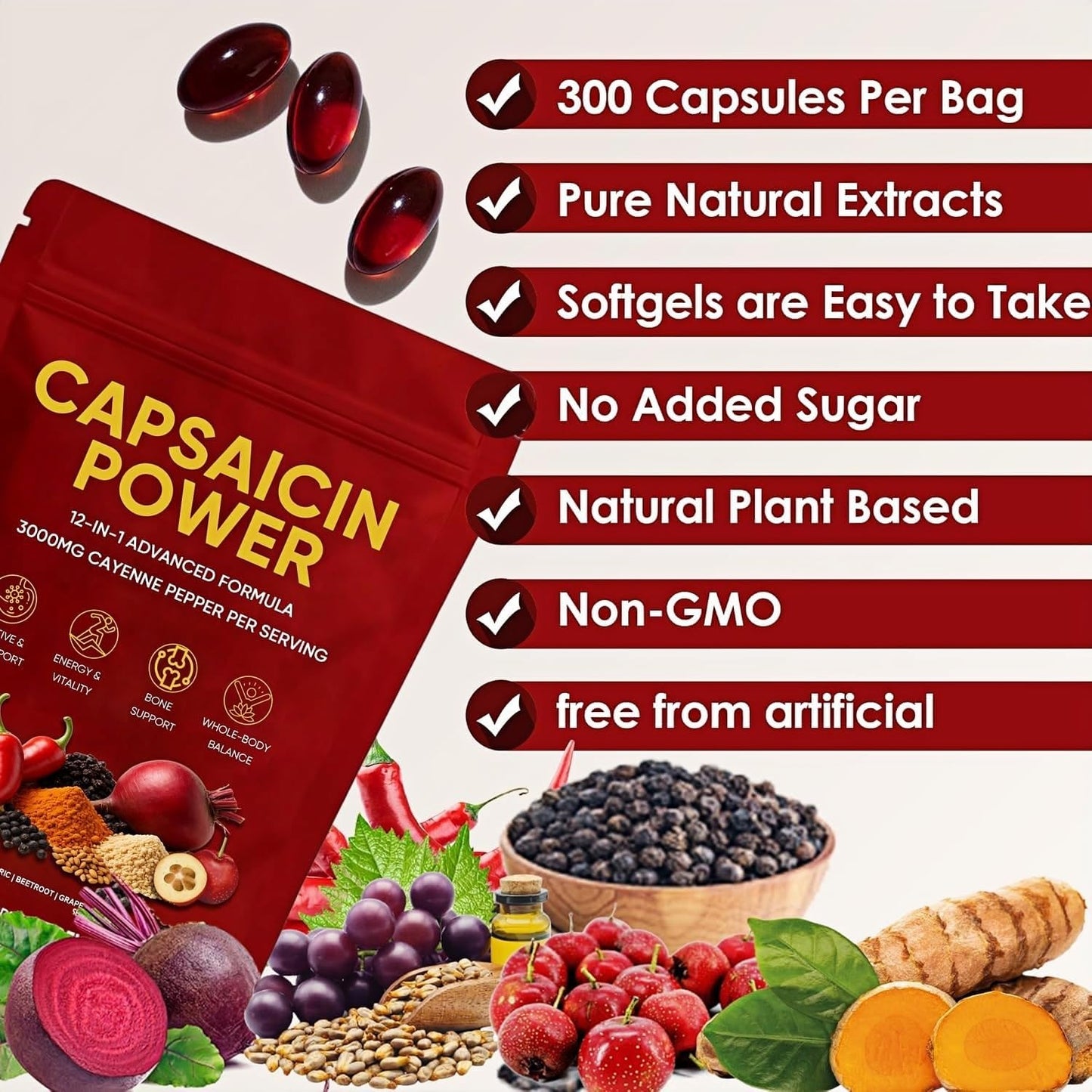Cayenne Pepper - Cayenne Pepper Capsules | Resealable Package | 300 Softgels / 1 Bag B 🍁 All In One Marketplace Canada