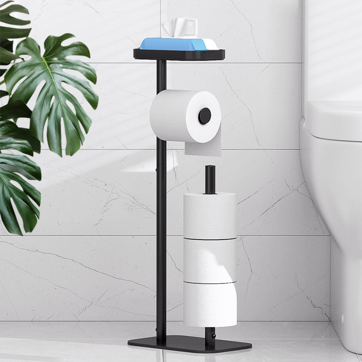 Kitsure Toilet Paper Roll Holder Free Standing – Rustproof Metal Toilet Paper Stand for 4 Rolls with Anti-Slip Base and Shelf for Phone & Small Items, Black, 63.0 x 23.5 x 15.0 cm 🍁 All In One Marketplace Canada