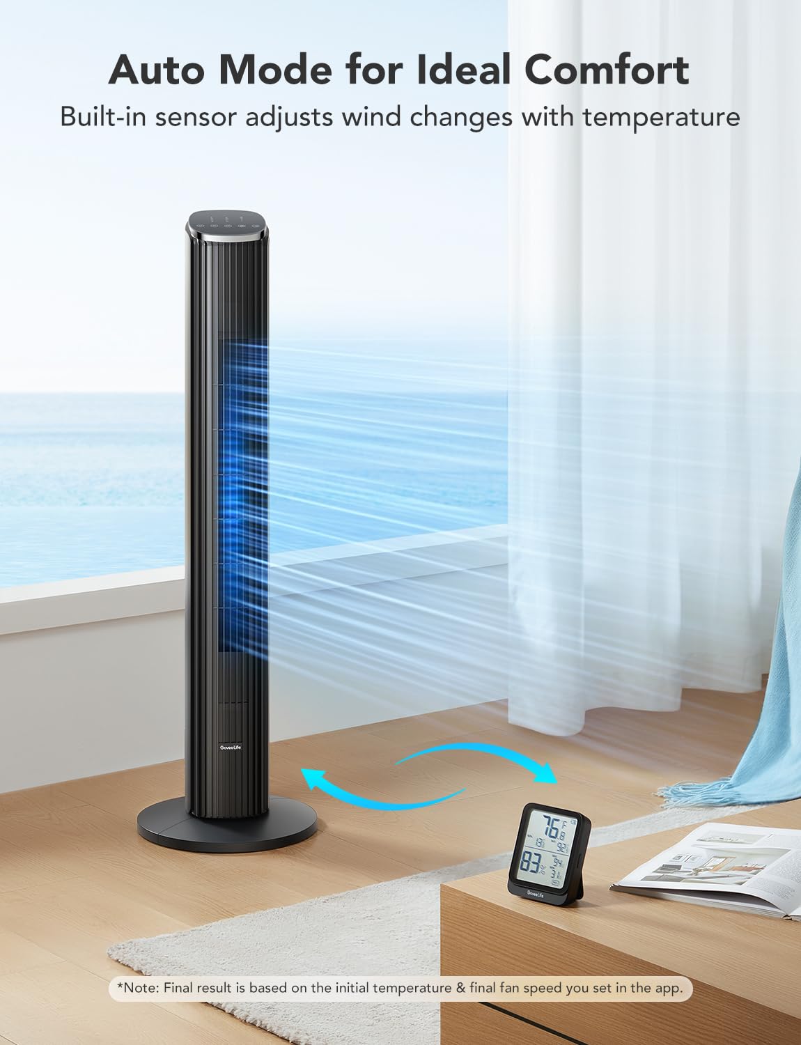 GoveeLife Black Tower Fan for Bedroom, 36" Smart Floor Fan with App/Voice Control, Temperature Sensor, 5 Modes 8 Speeds(25ft/s), 29dB Quiet Oscillating Fan for Office, 24H Timer, Auto Cooling 🍁 All In One Marketplace Canada