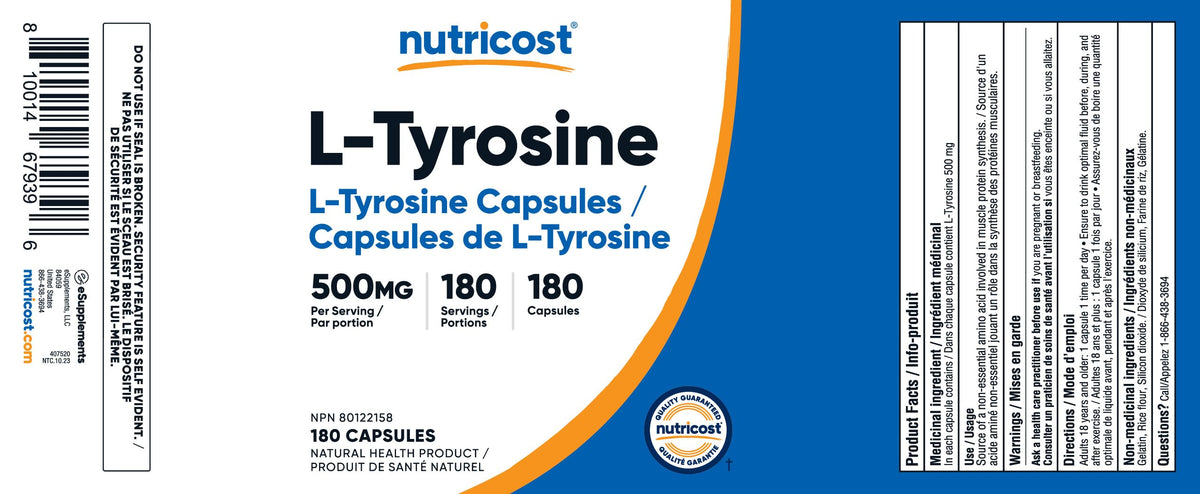 Nutricost L-Tyrosine Supplement (500mg) 180 Capsules - Gluten Free & Non-GMO 🍁 All In One Marketplace Canada
