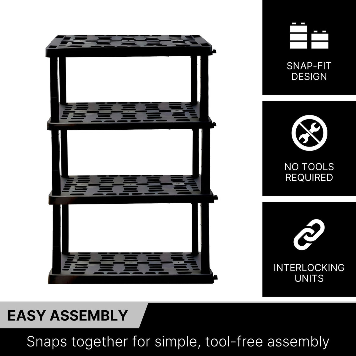 Koolatron Oscar Heavy Duty Plastic Storage Shelves- for Garage, Kitchen, Bathroom Basement, Kids Room, Toys,Stackable 4-Tier Black, Organizer Rack for Books Shoes, Pantry, Cleaning, Made in Canada 🍁 All In One Marketplace Canada
