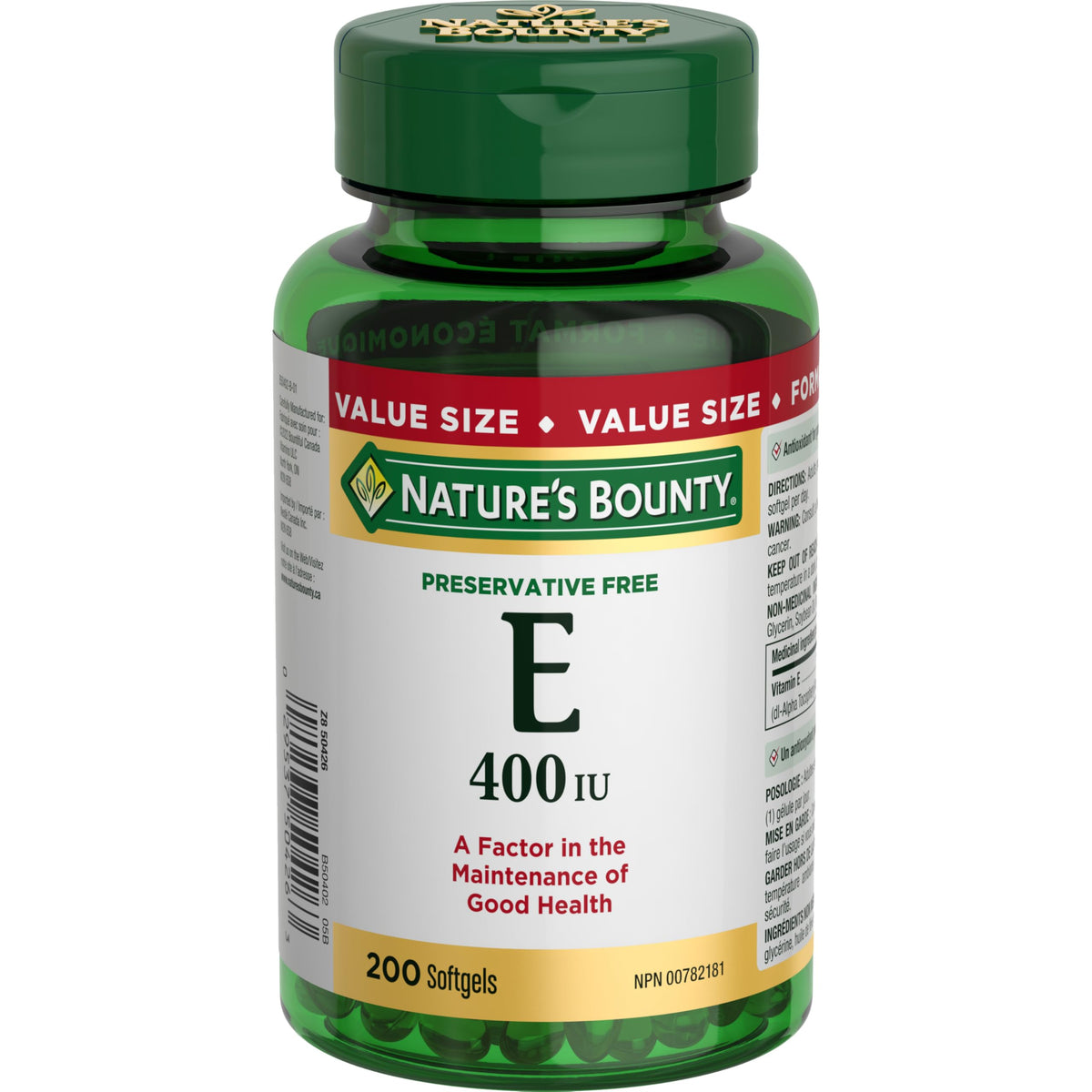 NATURE'S BOUNTY Vitamin E, 400 IU, Antioxidant, Preservative Free, 200 Softgels, 134 g 🍁 All In One Marketplace Canada