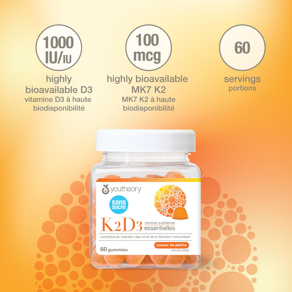 Youtheory K2D3 Zero Sugar Gummies, 1000 IU D3 & MK-7 100 mcg K2, Helps Develop & Maintain Bones & Teeth, Peach Flavour, Vegetarian, 60 Gummies 🍁 All In One Marketplace Canada