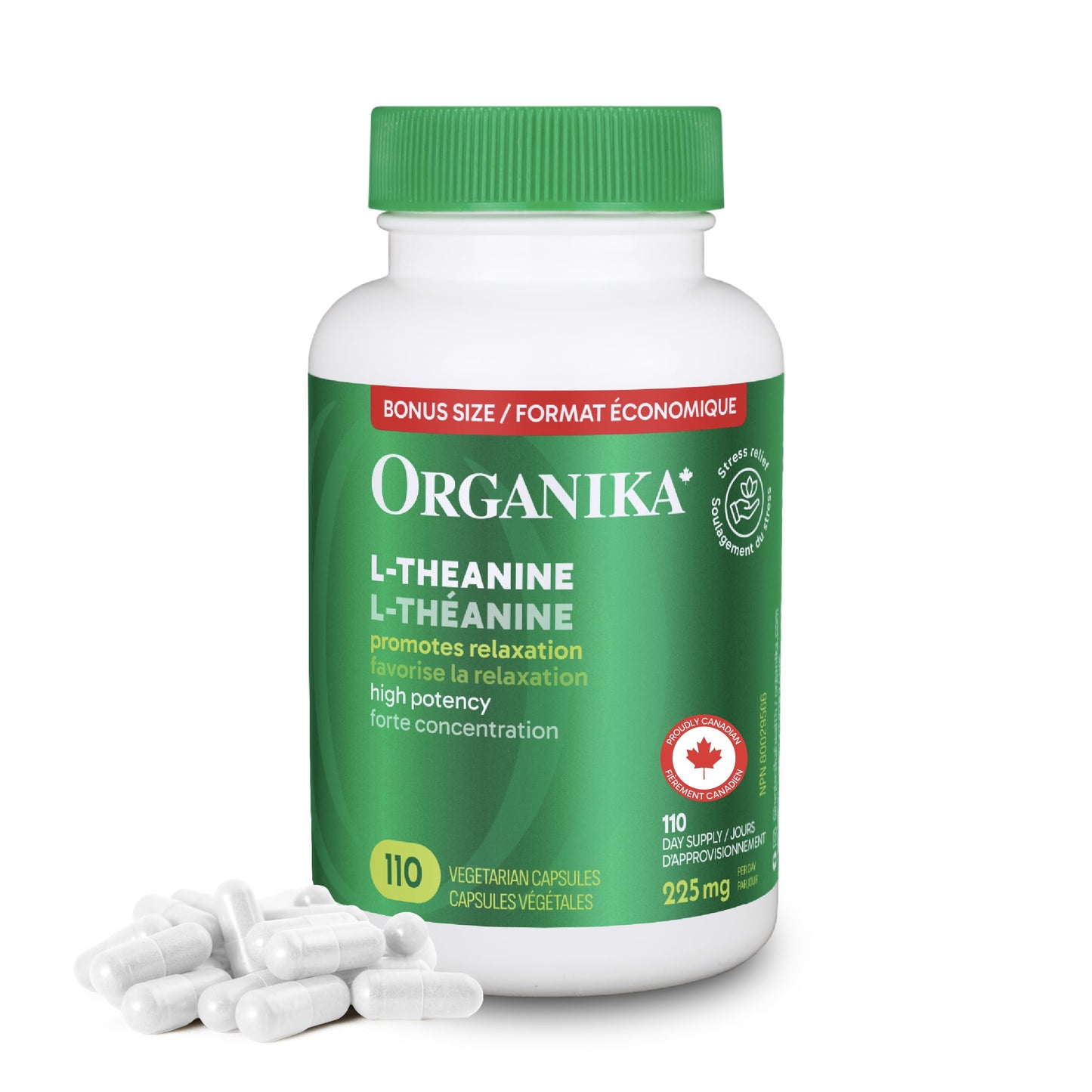 Organika Canadian-Made L-Theanine Bonus Size 225mg-Relaxation Promotion Without Drowsiness, Stress Support, Pure Natural Source, Fast Acting- 110caps 🍁 All In One Marketplace Canada