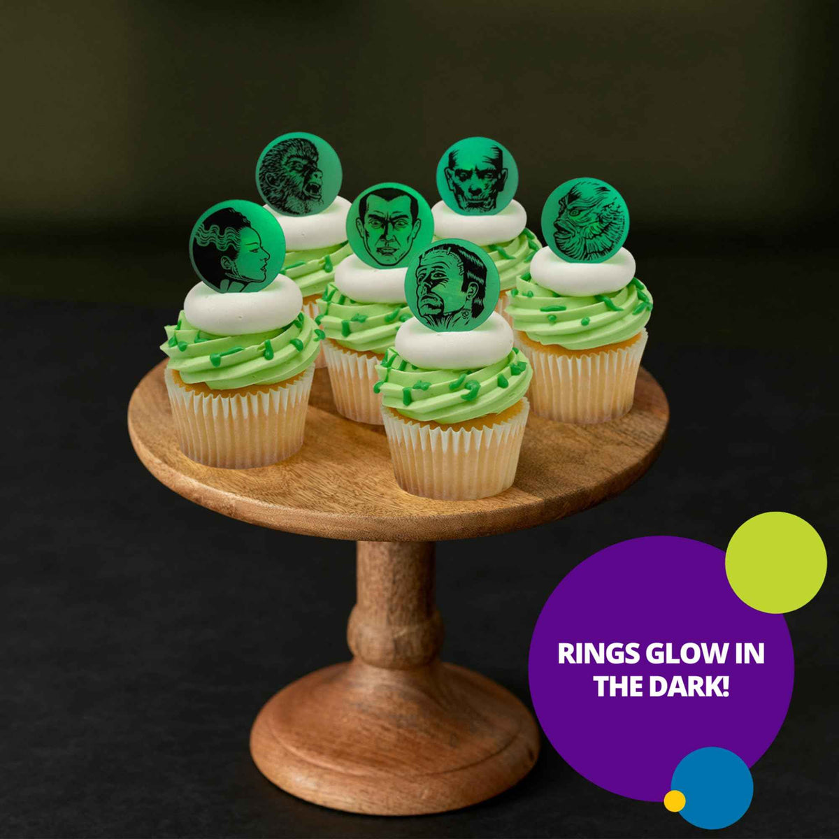 24 Universal Monsters Glow In The Dark Cupcake Rings, Halloween Cupcake Decorations, Including Dracula, Frankenstein, Wolf Man, The Mummy, Invisible Man, Food Safe Cupcake Toppers – 24 Pack