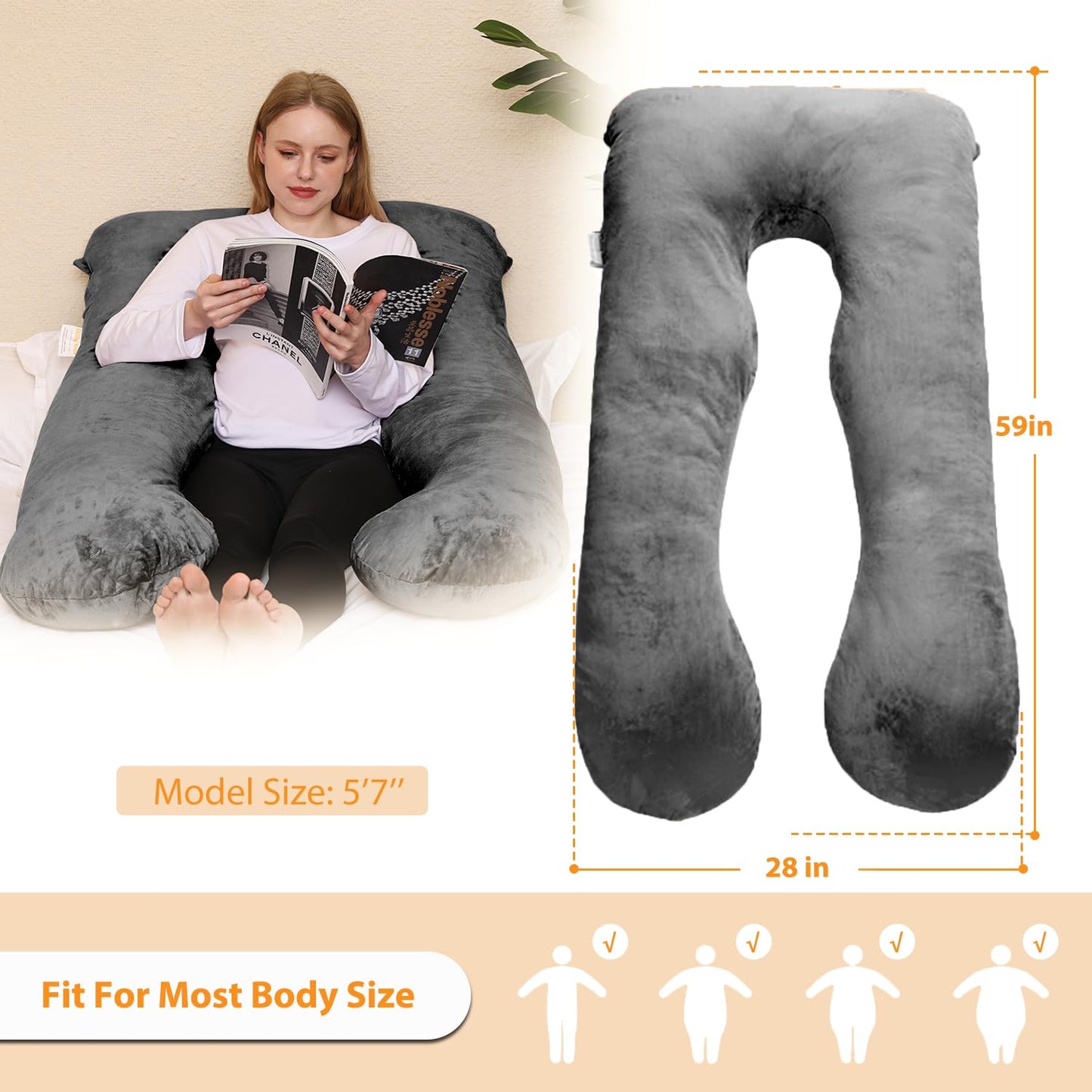 Chilling Home 59 Inch Pregnancy Pillow for Sleeping, Maternity Pillow for Pregnant Women, Full Body Pillow for Adults, Comfort U Shaped Pregnancy Pillow with Removable Washable Velvet Cover, Dark Grey 🍁 All In One Marketplace Canada