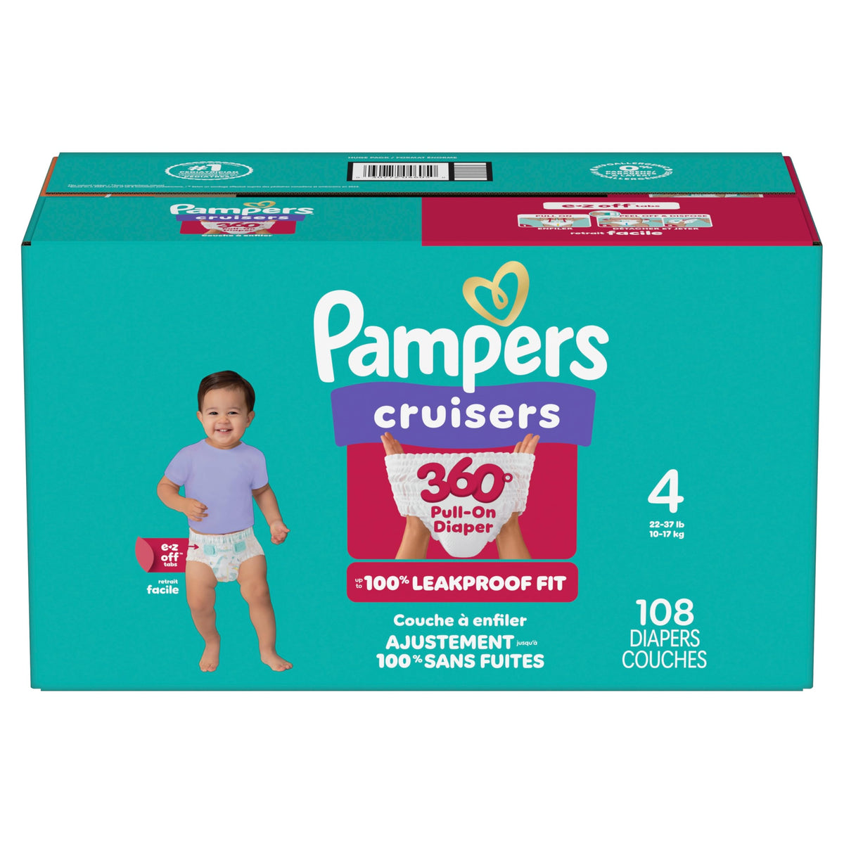 Pampers Diapers - Cruisers 360° - Size 4, up to 100% Leakproof Fit, Designed for Active Babies, Pull On Diaper, EZ Off Tabs Designed for Easy Changes, 1 Pack (Count of 108) 🍁 All In One Marketplace Canada