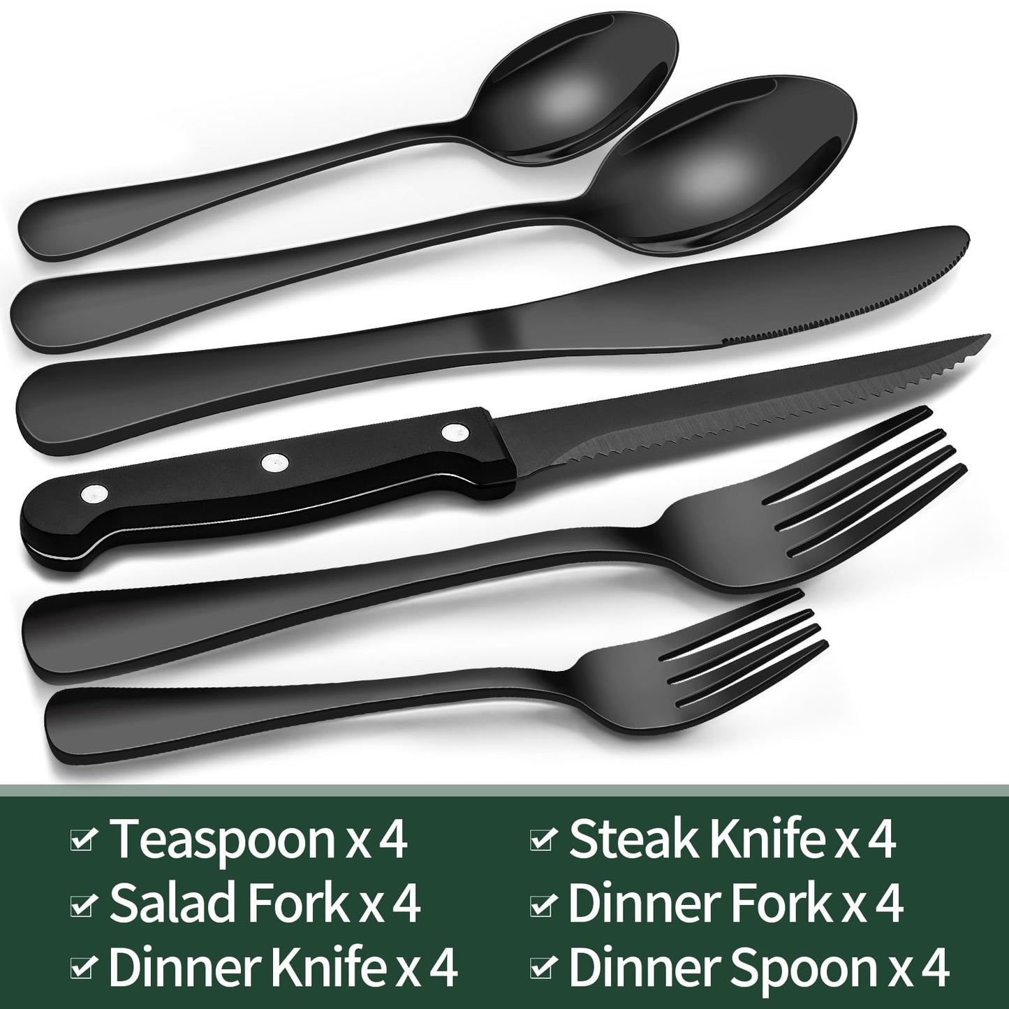 24-Piece Black Silverware Set with Steak Knives, Black Flatware Set for 4, Food-Grade Stainless Steel Tableware Cutlery Set, Mirror Finished Utensil Sets for Home Restaurant 🍁 All In One Marketplace Canada