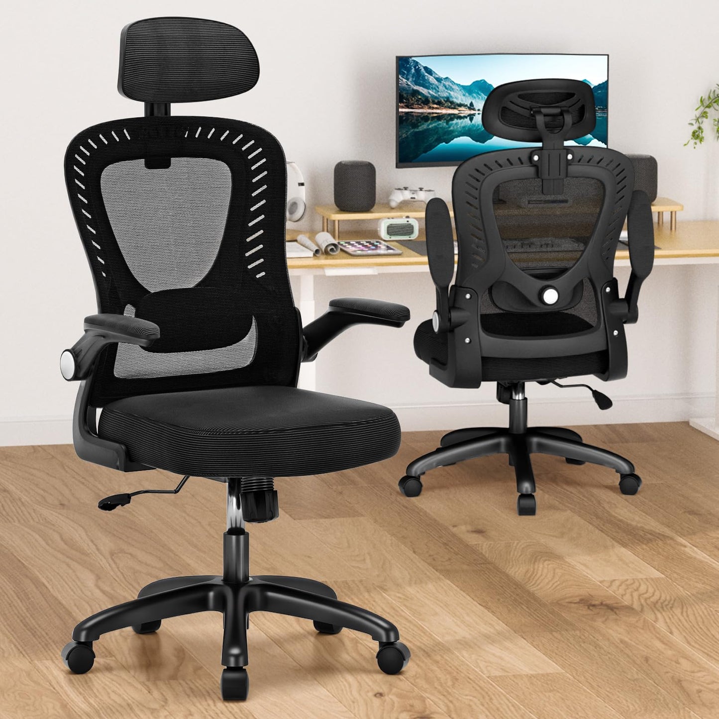 Office Chair, SPRDENG Ergonomic Office Chair with Two-Way Adjustable Lumbar Support & Headrest, High Back S-Shaped Computer Chair with Flip-up Padded Armrests, Swivel Task Chair for Home Office 🍁 All In One Marketplace Canada