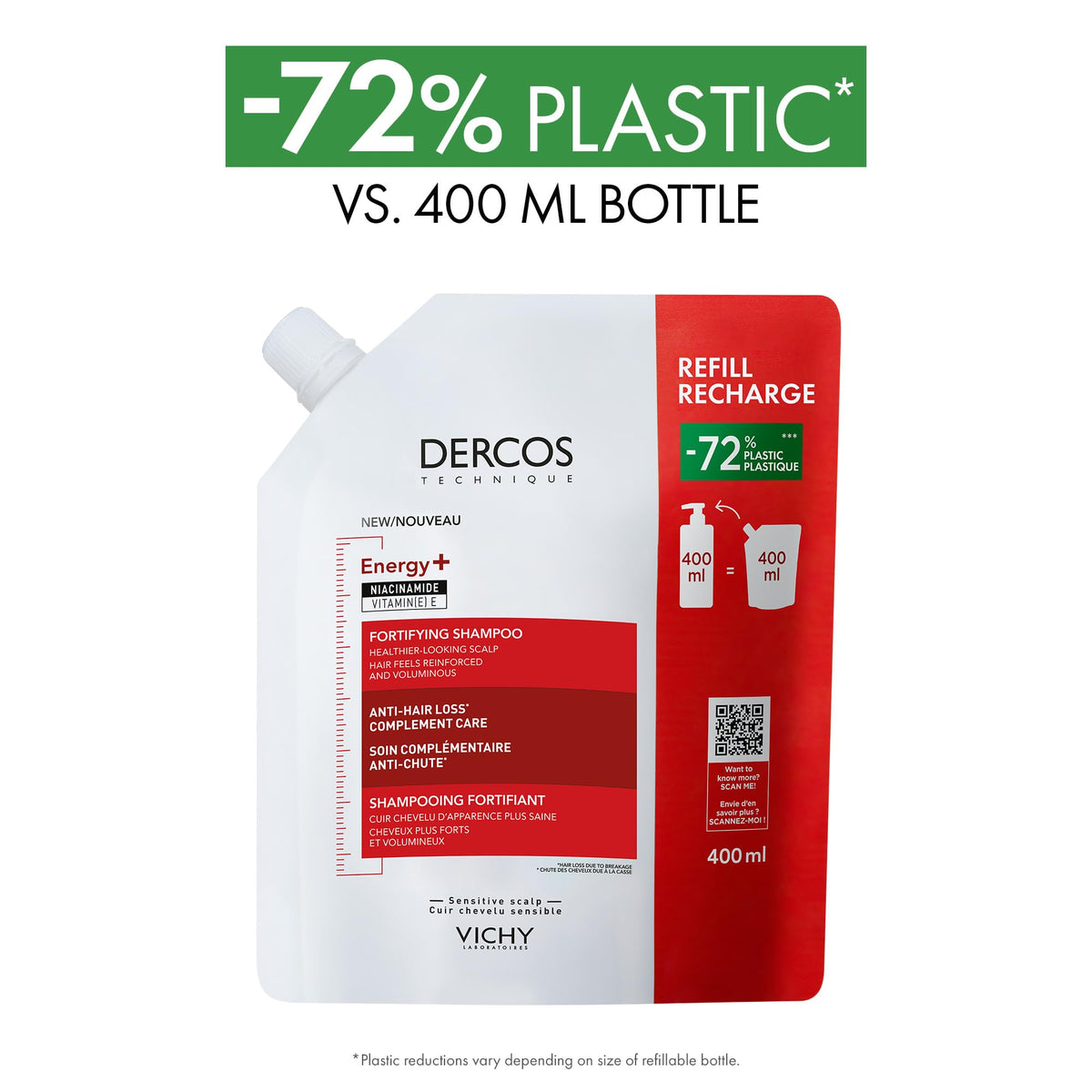 Vichy Fortifying Shampoo Refill, Dercos Energy+ Hair Shampoo with Niacinamide & Vitamin E to Protect, Thicken, & Strengthen Hair. Reduce Frizz & Hair Breakage. Recommended by Dermatologists, 400mL 🍁 All In One Marketplace Canada