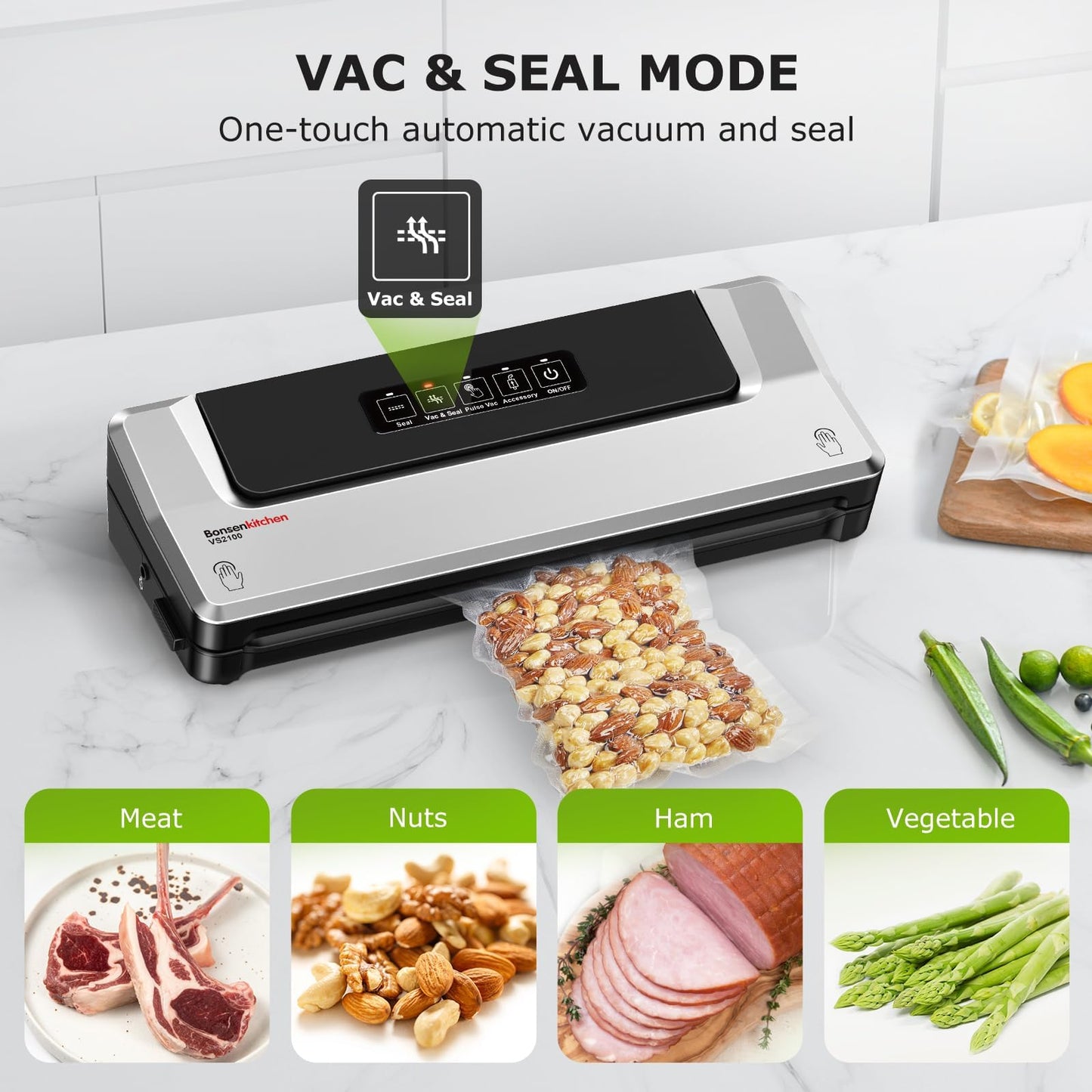 Bonsenkitchen Vacuum Sealer Machine, 90Kpa Powerful Food Sealer, Multi-Functional Food Vacuum Sealer with Vacuum Bags & Accessory Hose,Globefish Technology for High-Speed Continuous Working, Silver 🍁 All In One Marketplace Canada