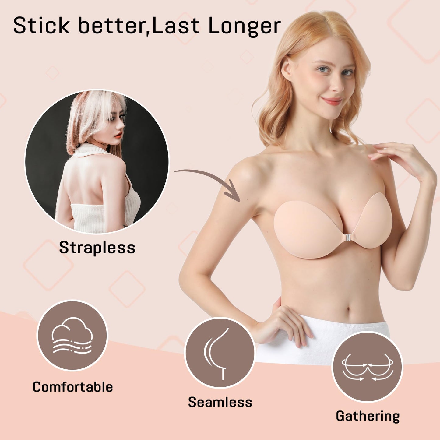 GKHWON Adhesive Bra Strapless Backless Invisible Push Up Sticky Bra with Silicone Nipple Covers Reusable Beige+Black B 🍁 All In One Marketplace Canada