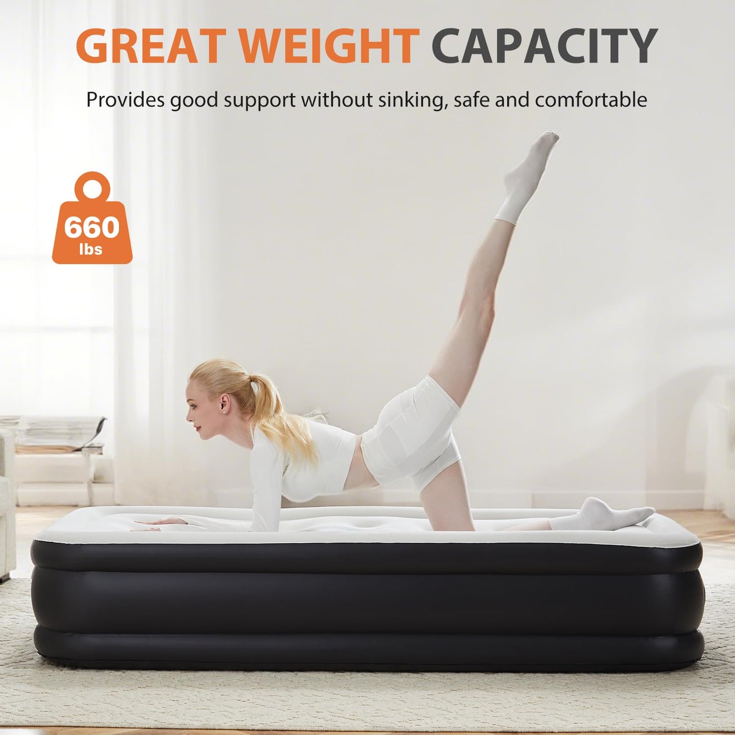 Sweetcrispy Twin Air Mattress, 18" Inflatable Blow Up Airbed with Built-in High Capacity Pump, Double Height, Non-Slip Bottom Design, Weight Capacity 660 lbs Air Bed for Home or Camping 🍁 All In One Marketplace Canada