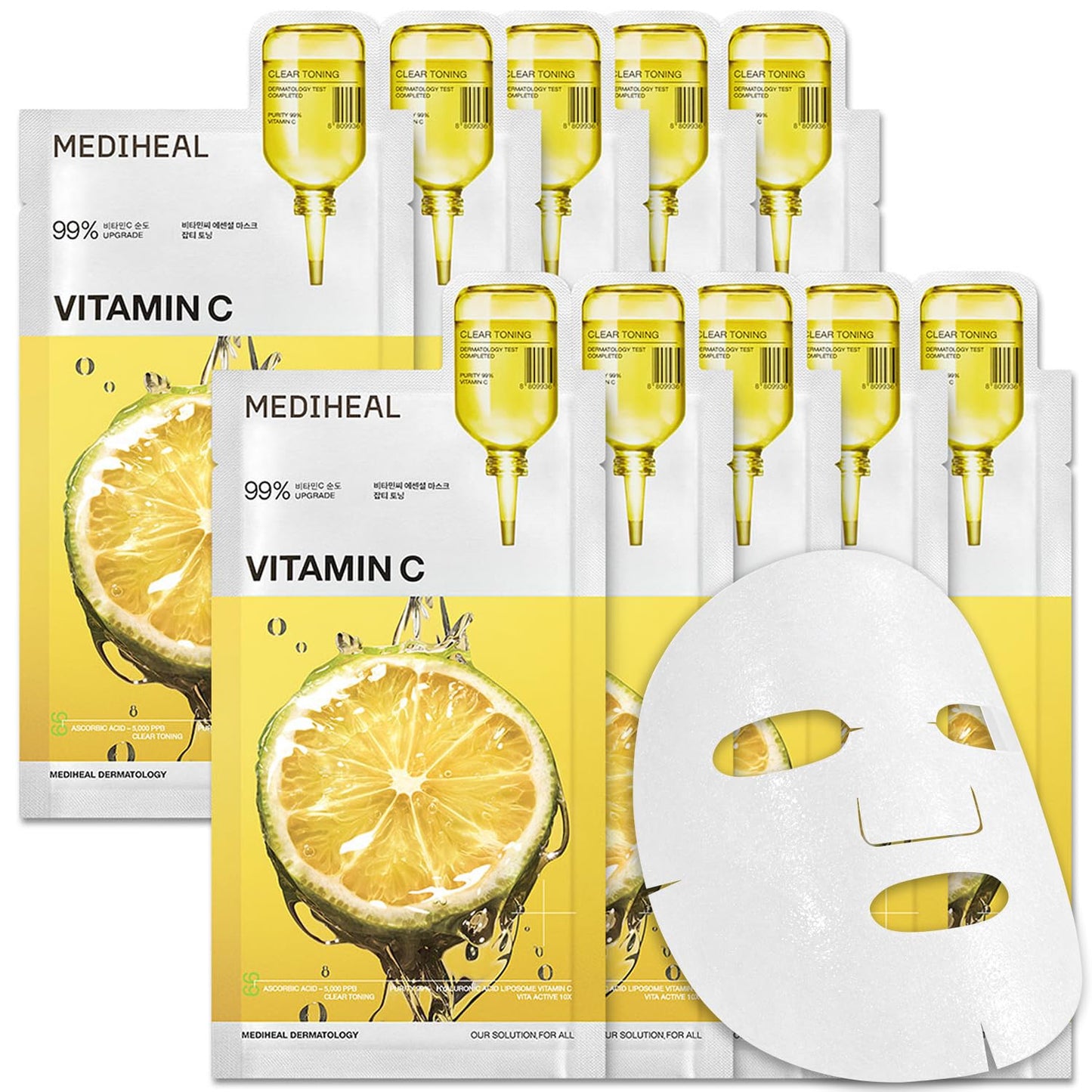 MEDIHEAL Vitamin C Essential Face Mask - Brightening & Hydrating Facial Mask for Blemish & Uneven Skin Tone, Clear Toning with Niacinamide, Vegan, Korean Skincare for Women (10 Sheets) 🍁 All In One Marketplace Canada