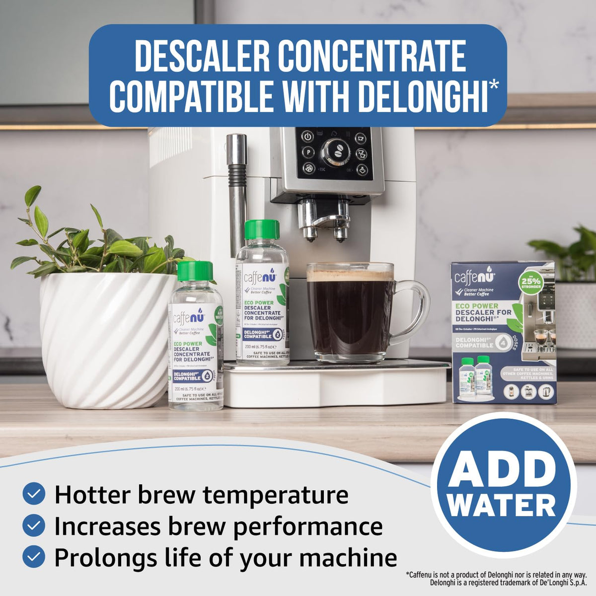 Delonghi Compatible Descaling Solution. 2 Bottles of Descaler Solution. Descaling Kit Removes Limescale For Hotter Coffee. 4 Uses Descaler For Delonghi Coffee Machines. 🍁 All In One Marketplace Canada