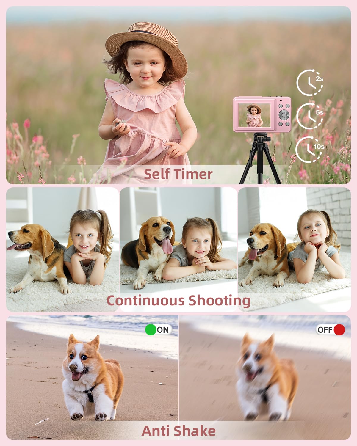 CAMKORY Digital Camera, Full HD 1080P Point and Shoot Camera, 44MP Kids Camera with 32GB Card, 16X Zoom, Pink 🍁 All In One Marketplace Canada